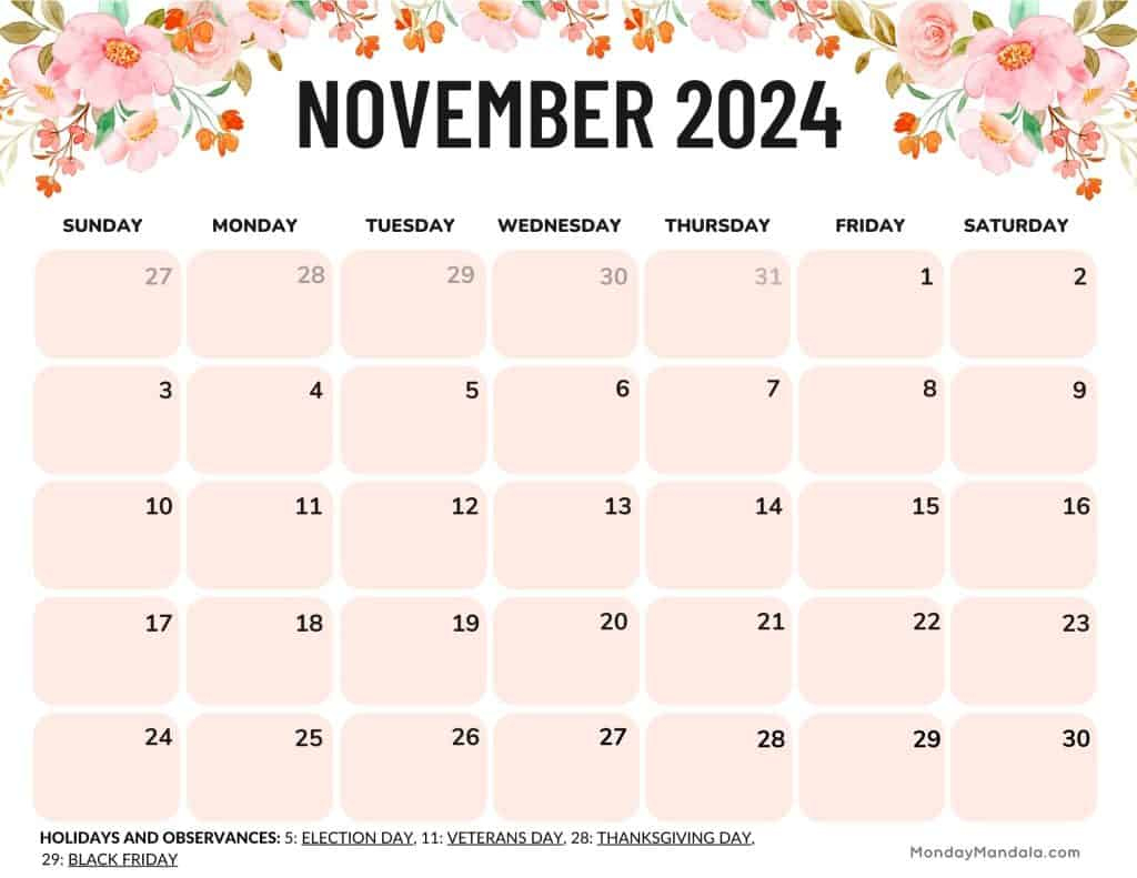 November 2024 Calendars (52 Free Printable Pdfs) | November 2024 Calendar Printable Free