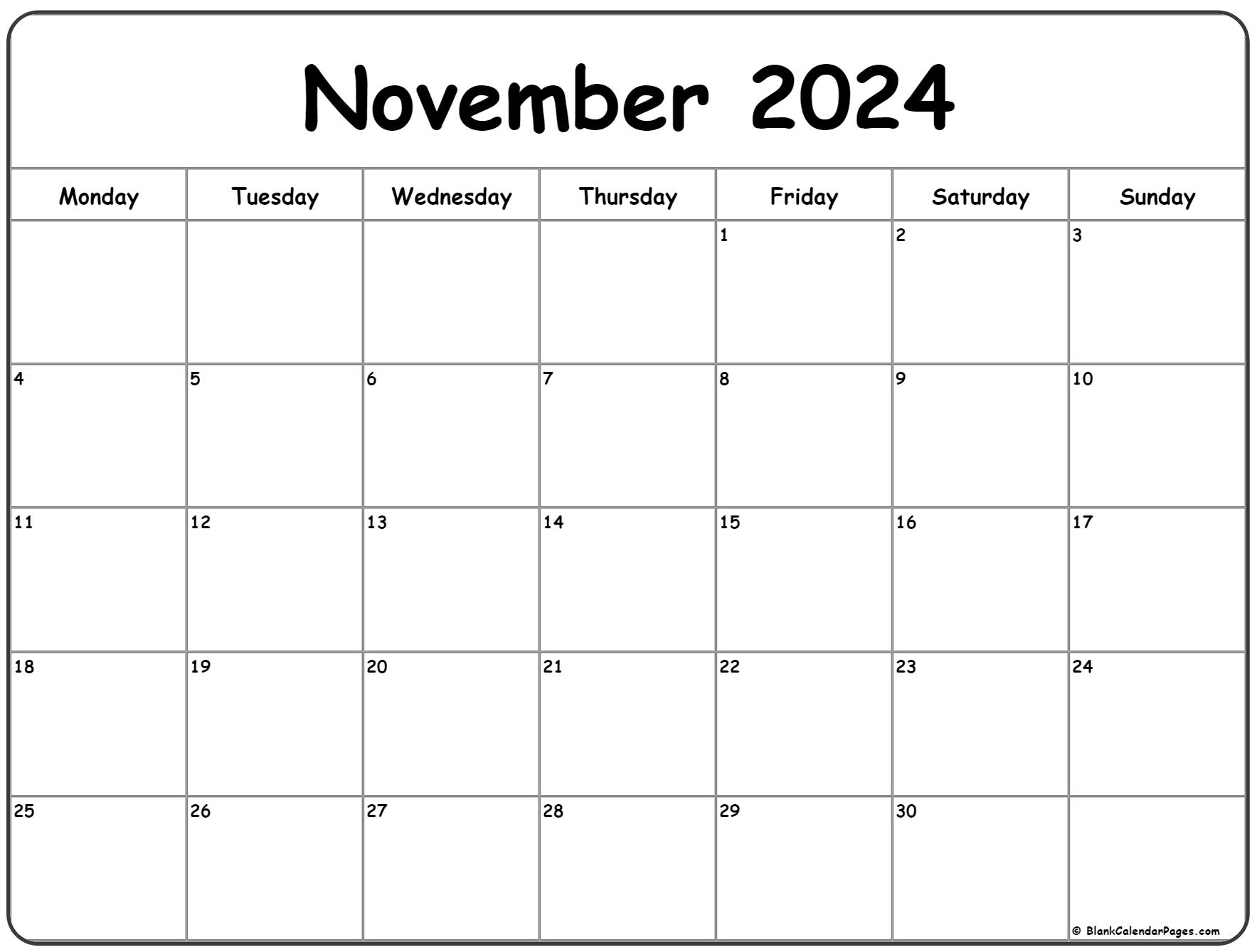 November 2024 Monday Calendar | Monday To Sunday | Printable Calendar Nov 2024
