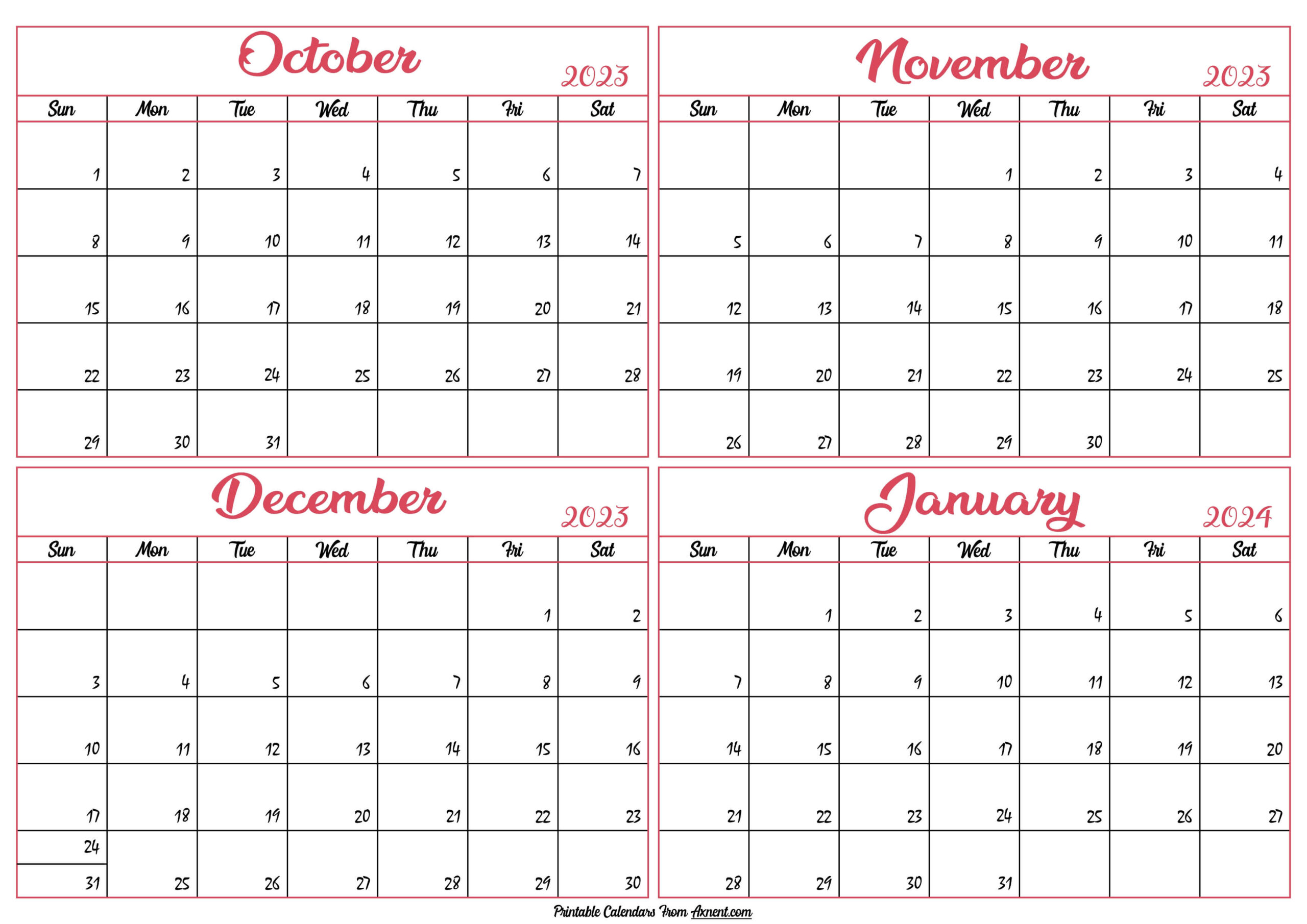 October 2023 To January 2024 Calendar Templates - Four Months | Printable Calendar October 2023 December 2024