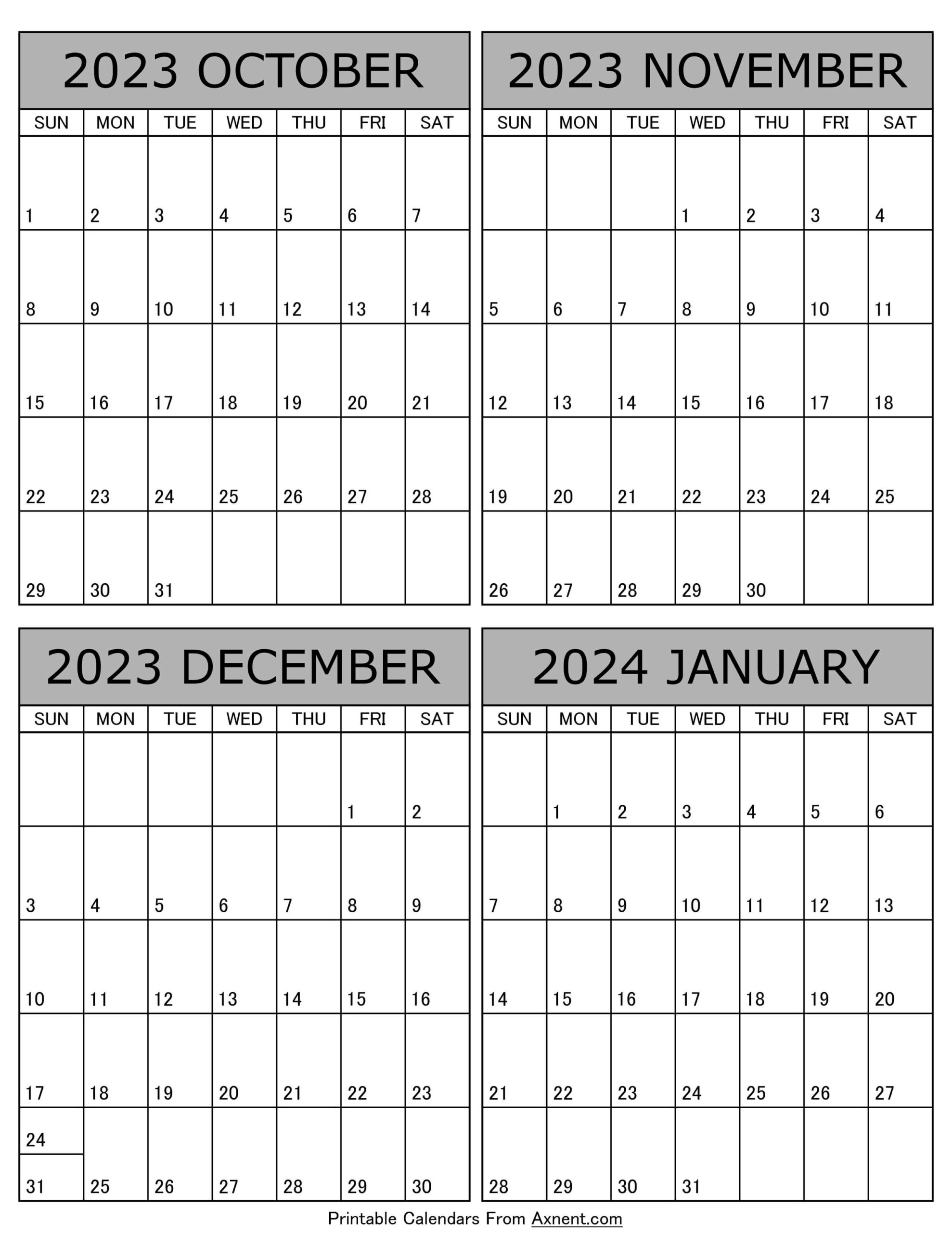 October 2023 To January 2024 Calendar Templates - Four Months | Printable Calendar October 2023 December 2024