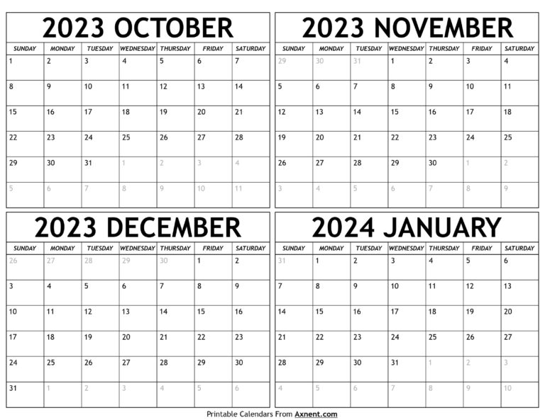 October 2023 To January 2024 Calendar Templates - Four Months | Printable Calendar October 2023 December 2024