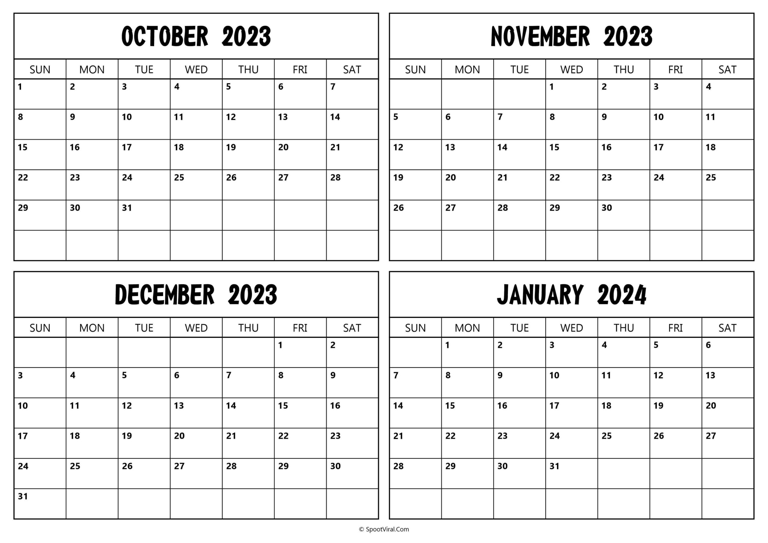 October 2023 To January 2024 Calendar Templates - Spootviral | Printable Calendar October 2023 December 2024