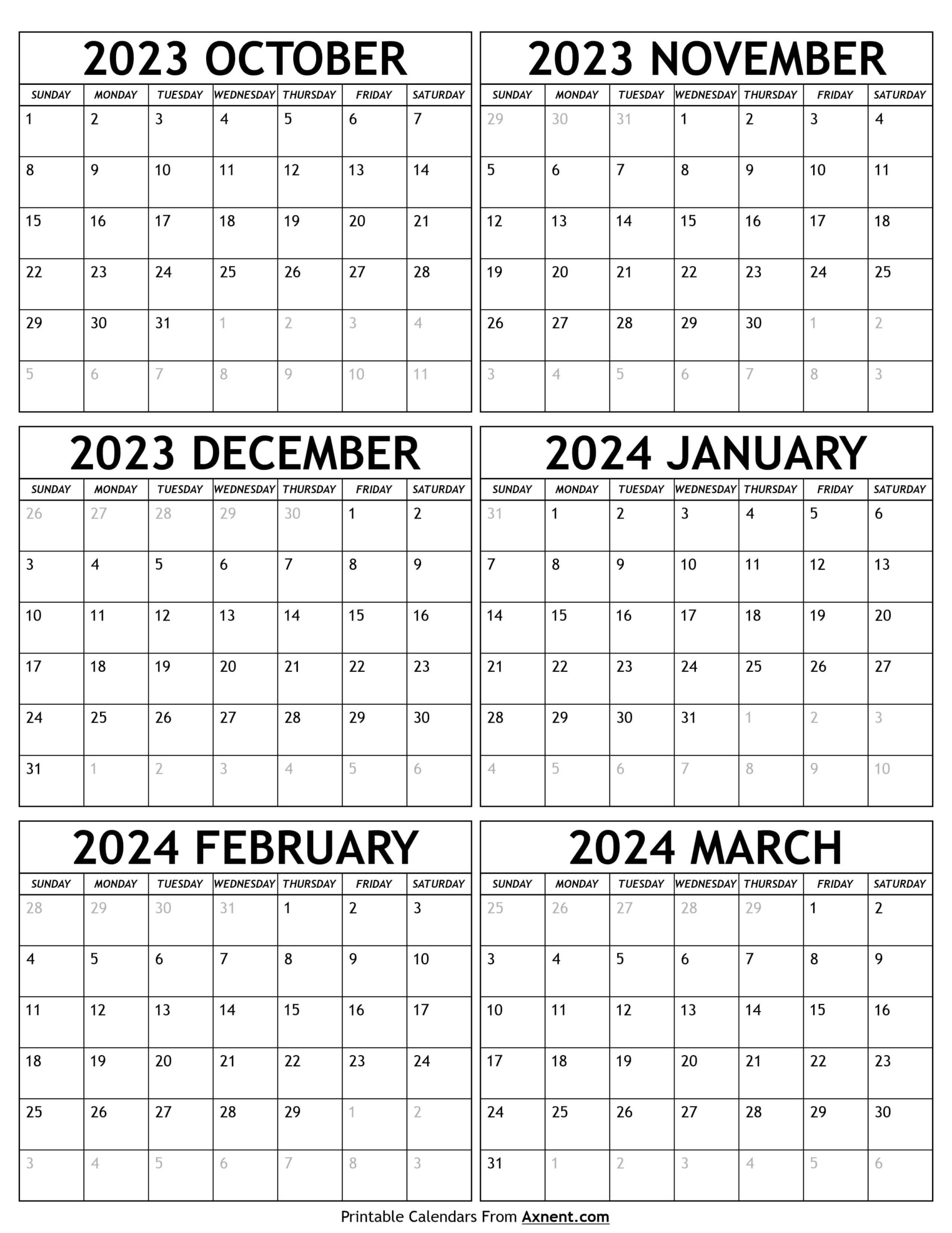 October 2023 To March 2024 Calendar Templates - Six Months | Printable Calendar 2024 6 Months