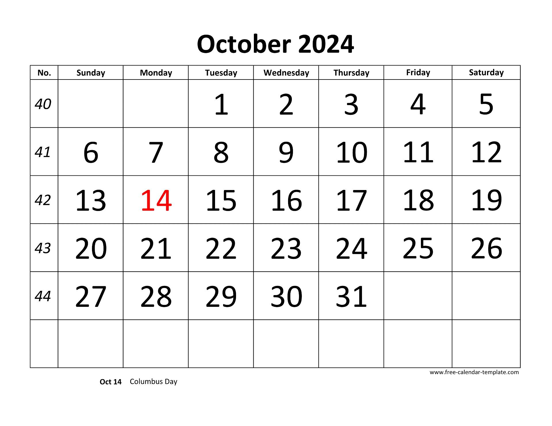 October 2024 Calendar Designed With Large Font (Horizontal) | Free | Printable Calendar 2024 Free Word