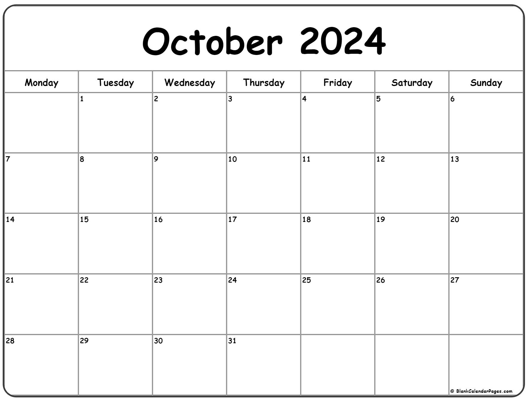 October 2024 Monday Calendar | Monday To Sunday | October Calendar 2024 Printable