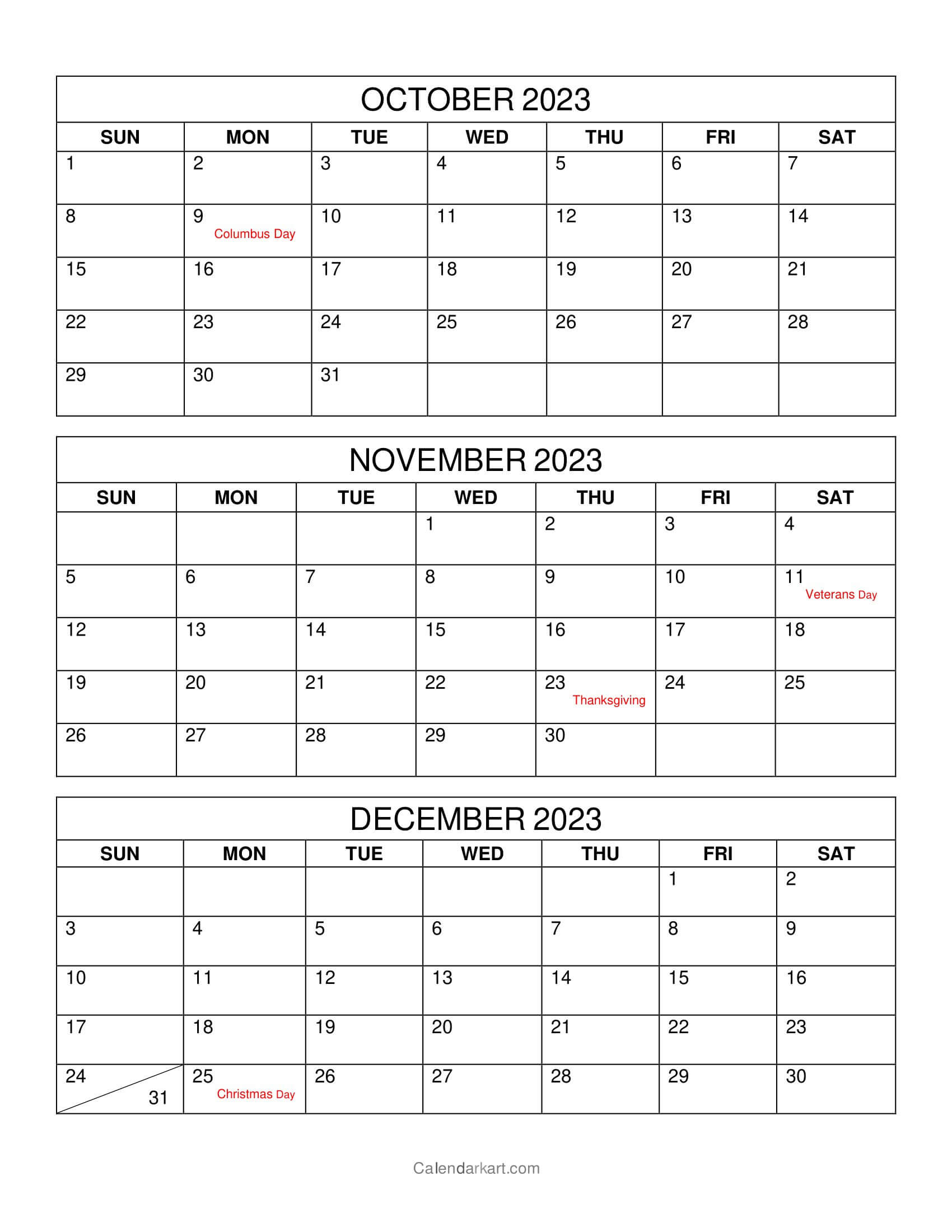 October To December 2023 Calendar (Q4) - Calendarkart | Printable Calendar October 2023 December 2024
