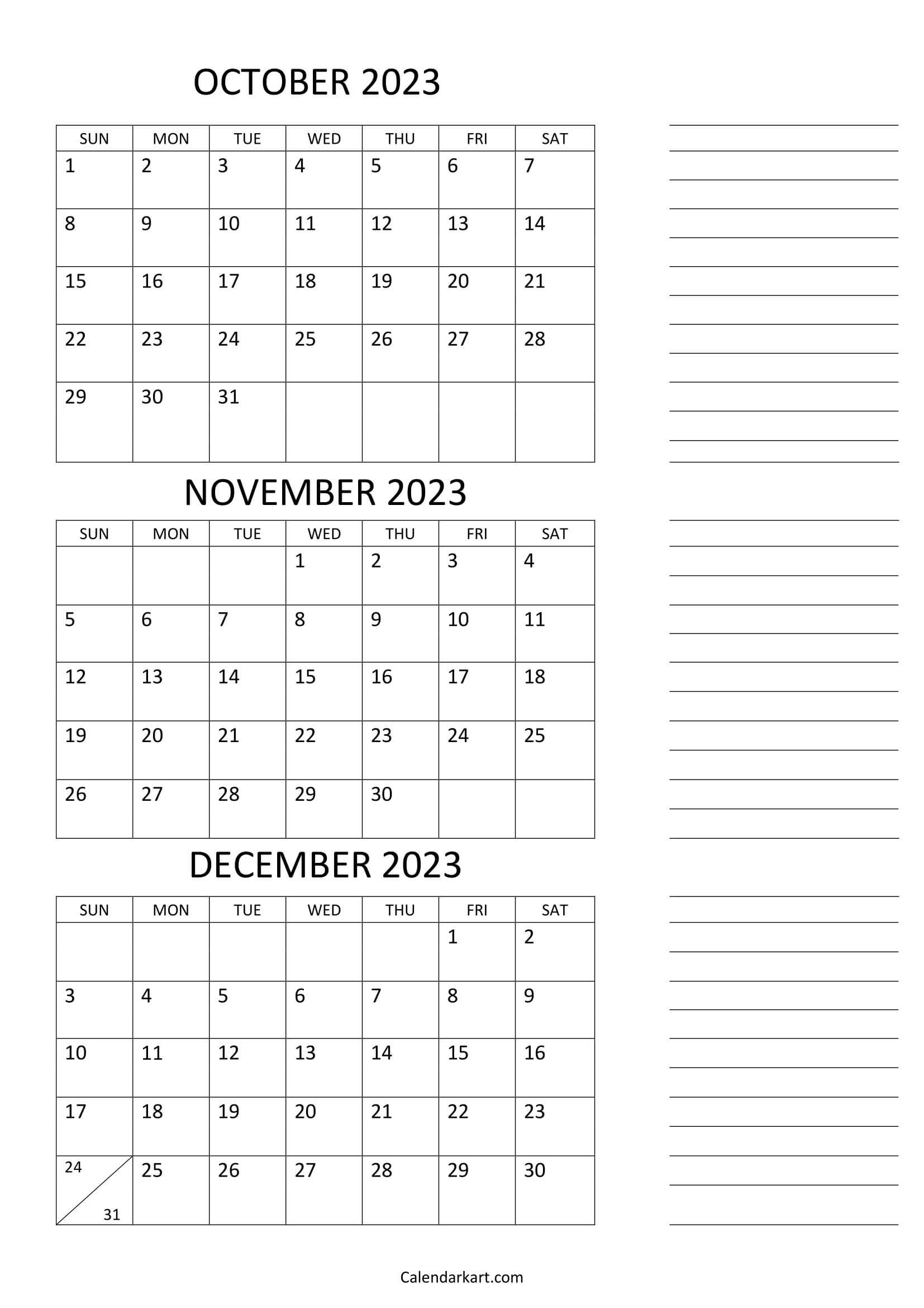 October To December 2023 Calendar (Q4) - Calendarkart | Printable Calendar October 2023 December 2024