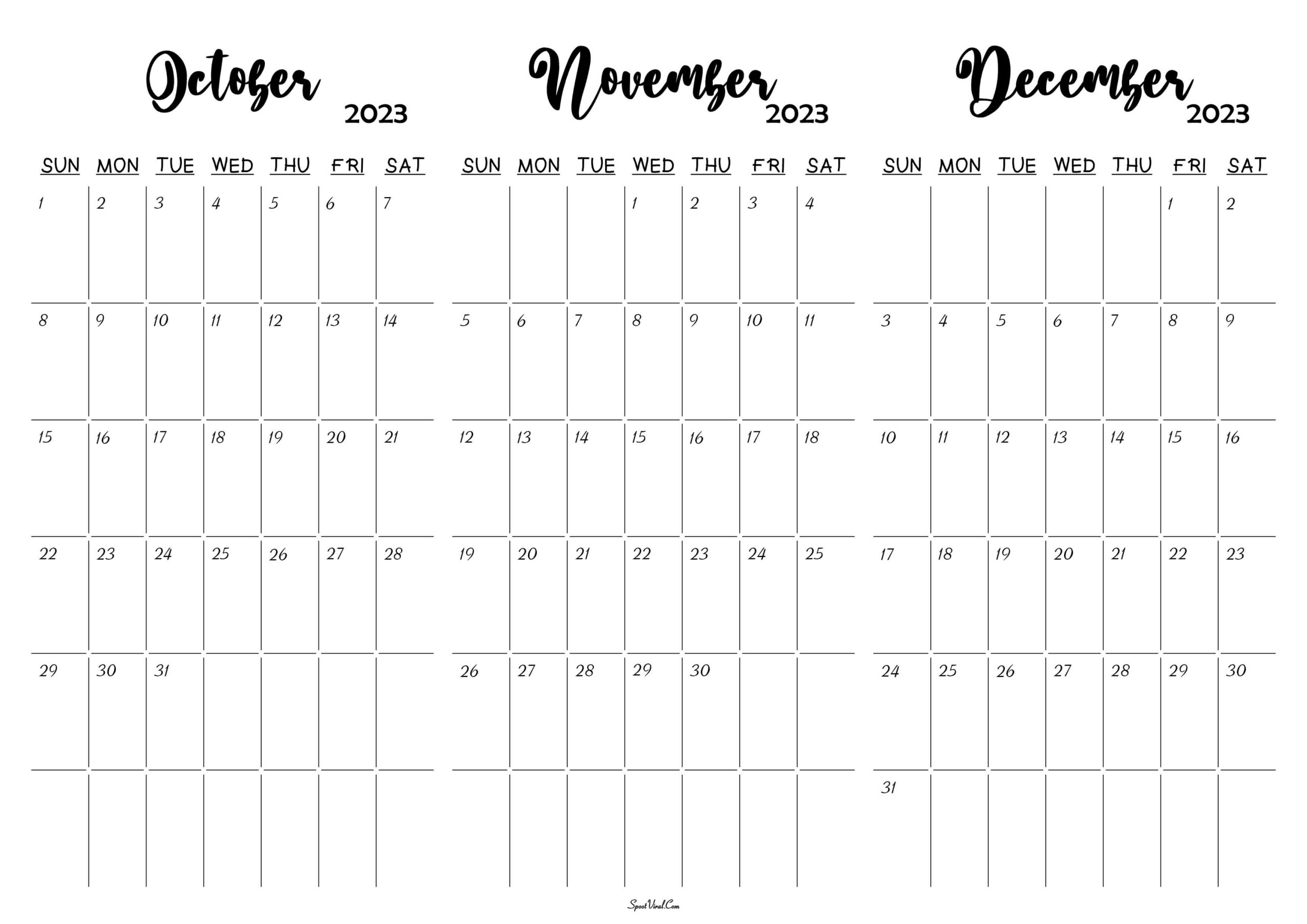 October To December 2023 Calendar Templates - Spootviral | Printable Calendar October 2023 December 2024