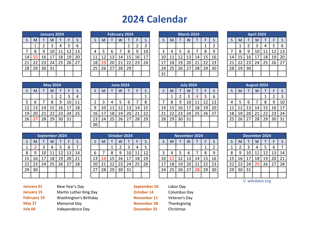Pdf Calendar 2024 With Federal Holidays | Wikidates | 2024 Printable Calendar One Page With Federal Holidays