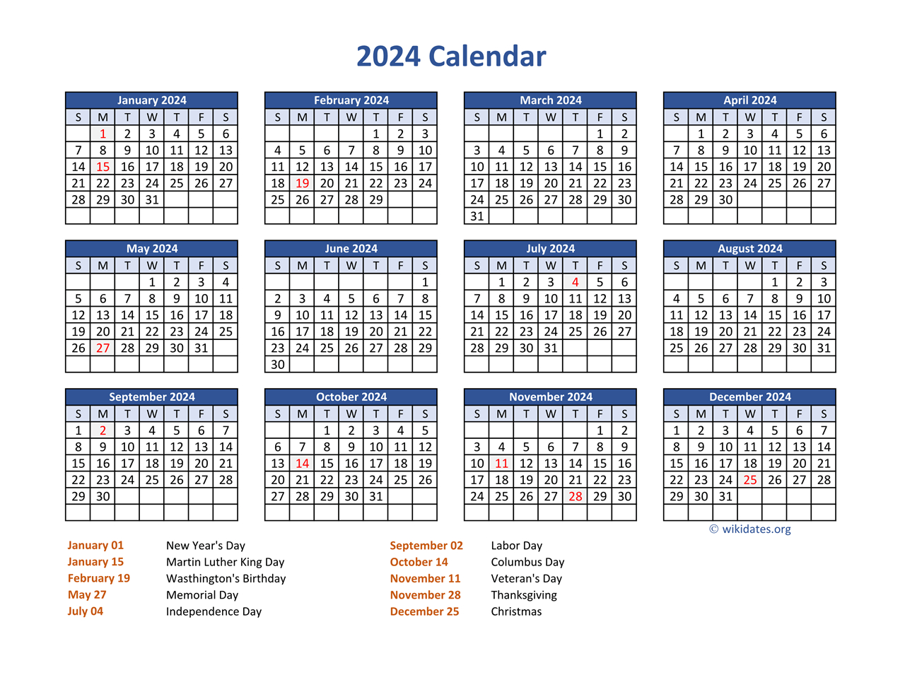 Pdf Calendar 2024 With Federal Holidays | Wikidates | 2024 Yearly Calendar With Federal Holidays Printable