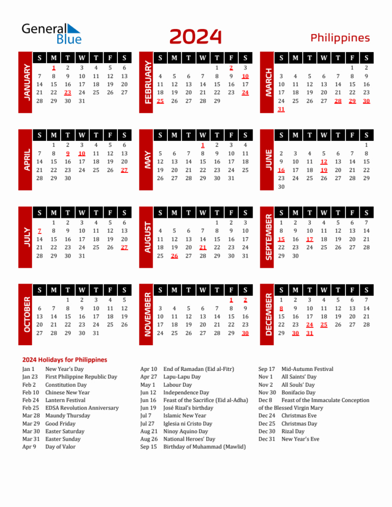 Philippines 2024 Yearly Calendar Downloadable | Calendar 2024 Philippines Printable