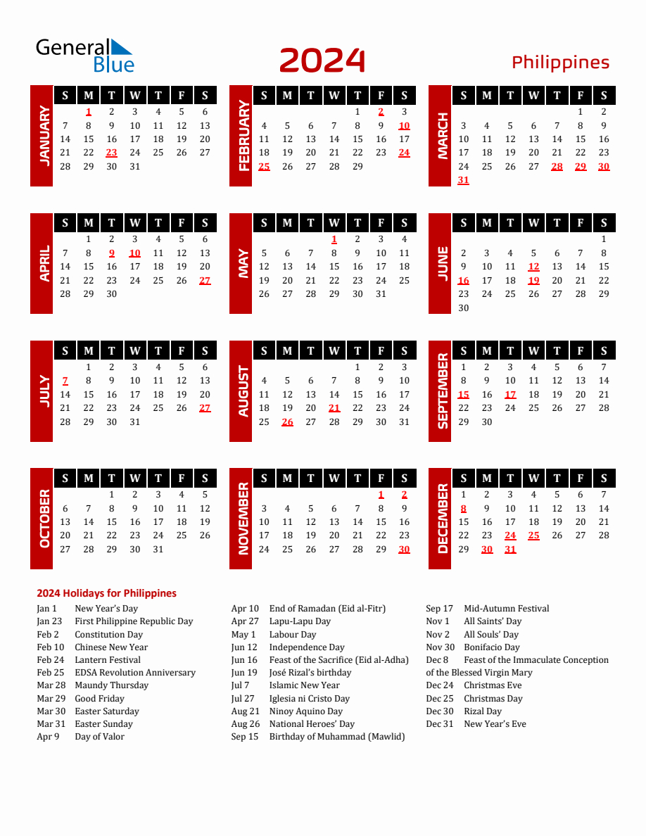 Philippines 2024 Yearly Calendar Downloadable | Calendar 2024 Philippines Printable