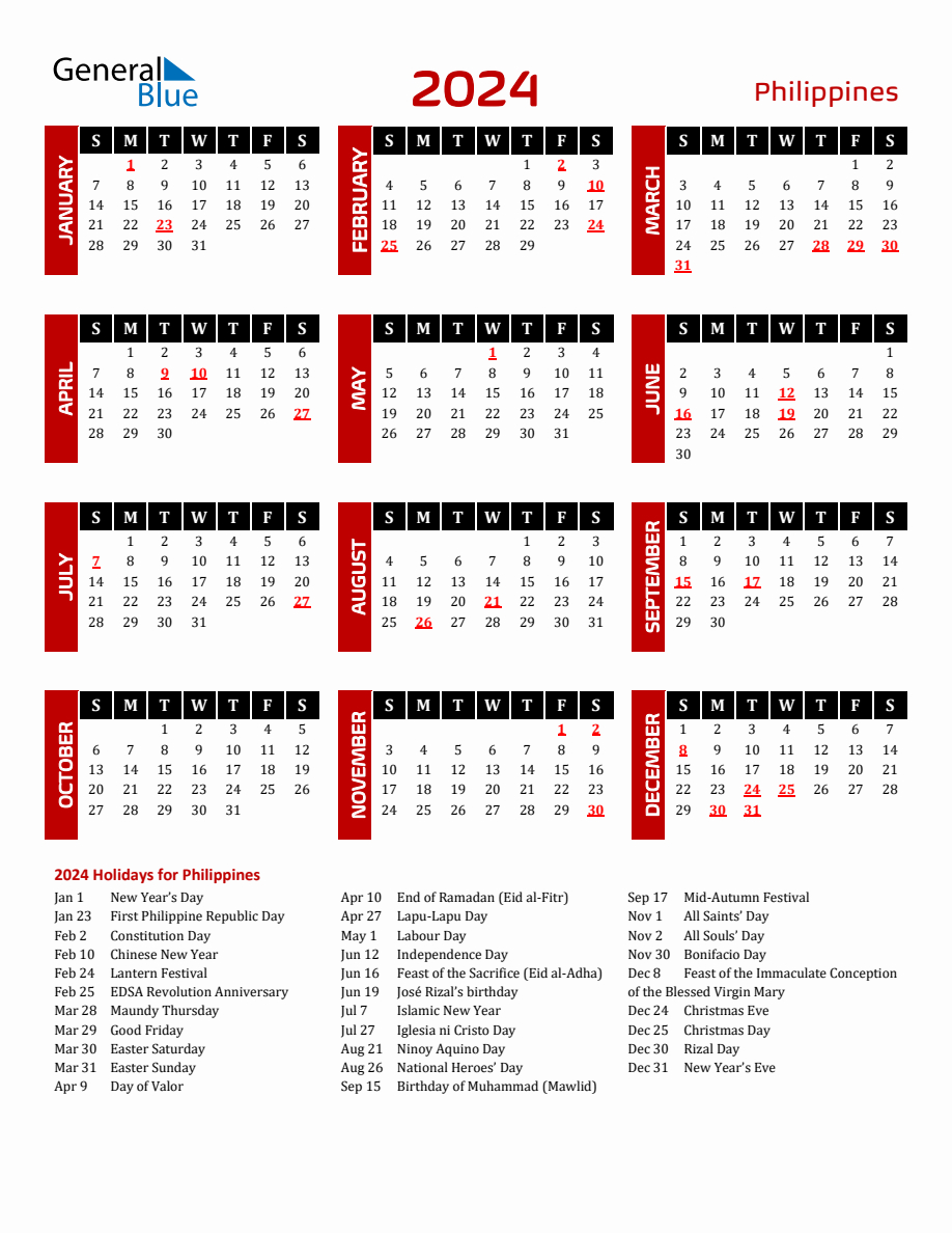 Philippines 2024 Yearly Calendar Downloadable | Printable Calendar 2024 With Holidays Philippines