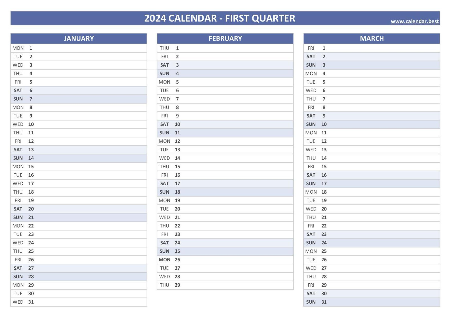 Printable 1St Quarter 2024 Calendar | Q1 2024 Calendar Printable