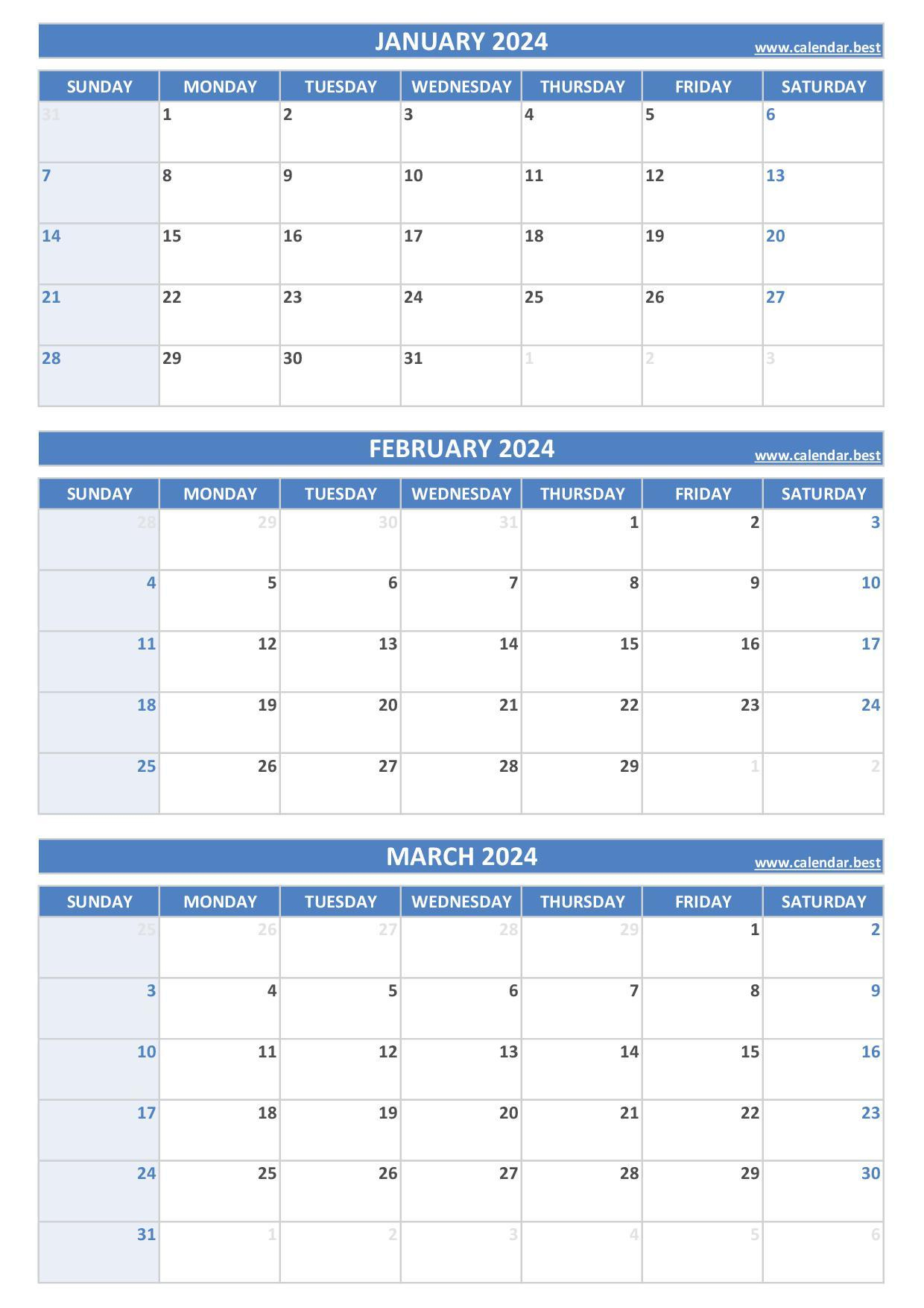 Printable 1St Quarter 2024 Calendar | Q1 2024 Calendar Printable