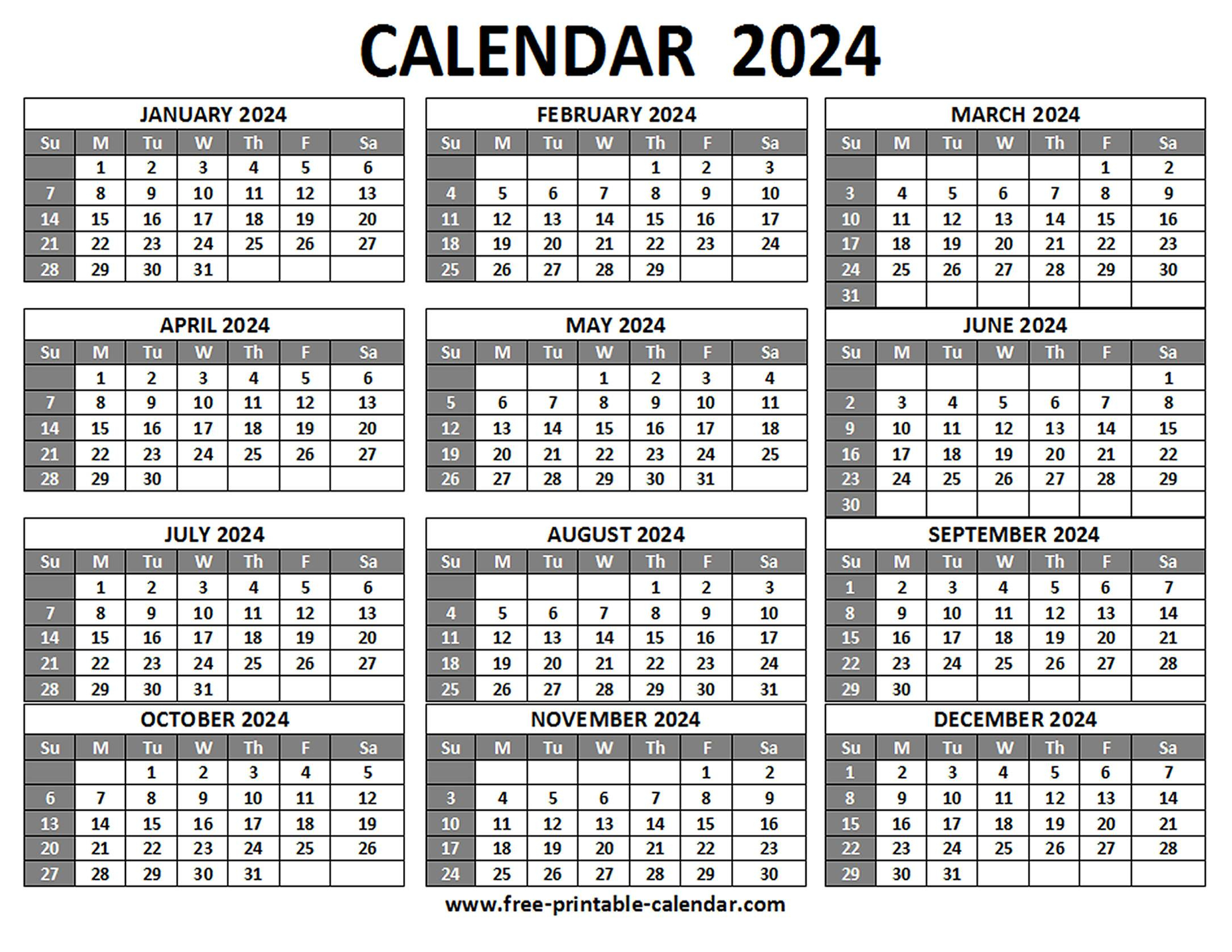 Printable 2024 Calendar - Free-Printable-Calendar | One Page Printable Calendar 2024