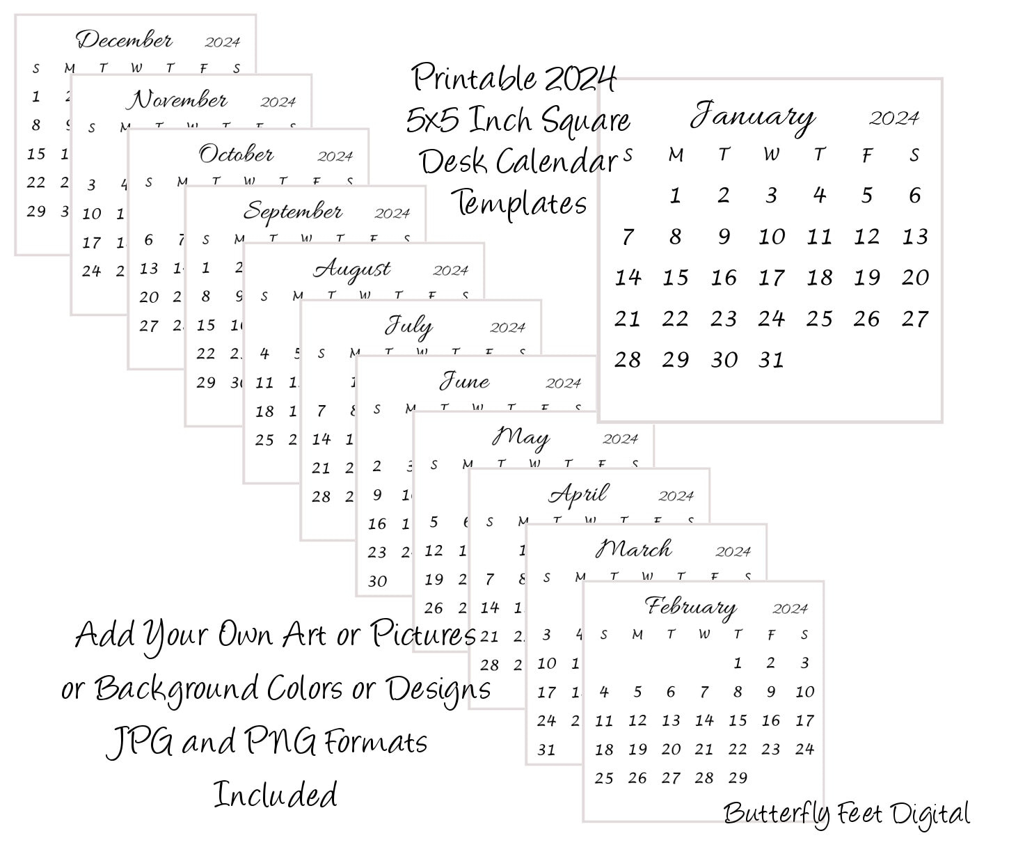 Printable 2024 Calendar Templates 5X5 Inch Square Mini Desk Calendar Add  Your Own Art Or Photos Instant Digital Download | Desk Calendar 2024 Printable