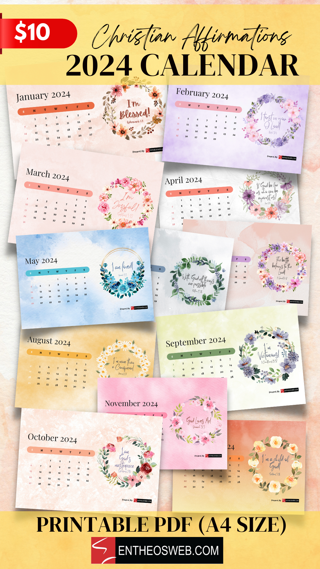 Printable 2024 Christian Affirmations Calendar (A4 Size/ Pdf | Christian Calendar 2024 Printable