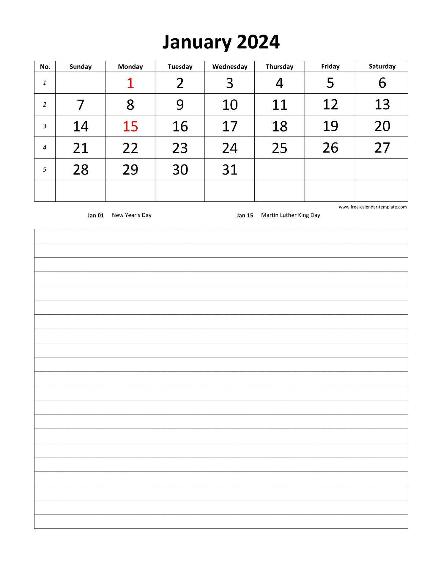 Printable 2024 Monthly Calendar Grid Lines For Daily Notes | Free Printable 2024 Calendar With Notes Section