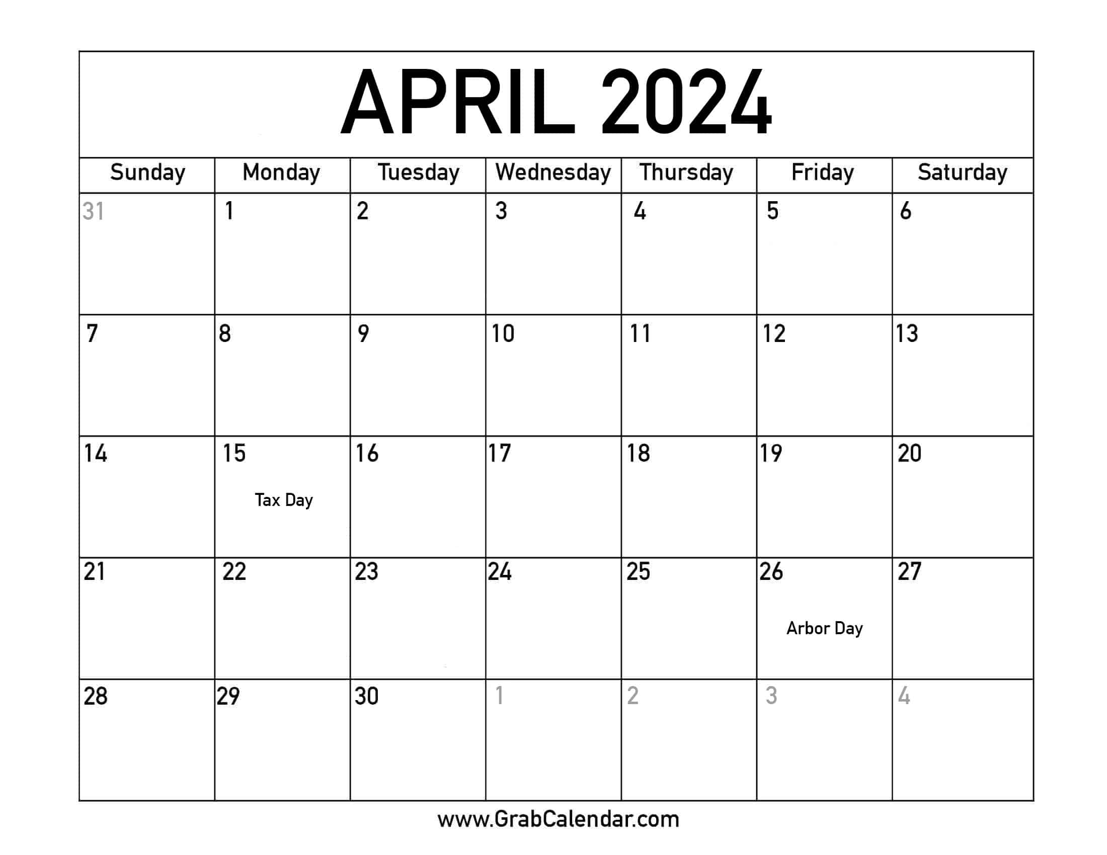 Printable April 2024 Calendar | April 2024 Calendar Printable Free