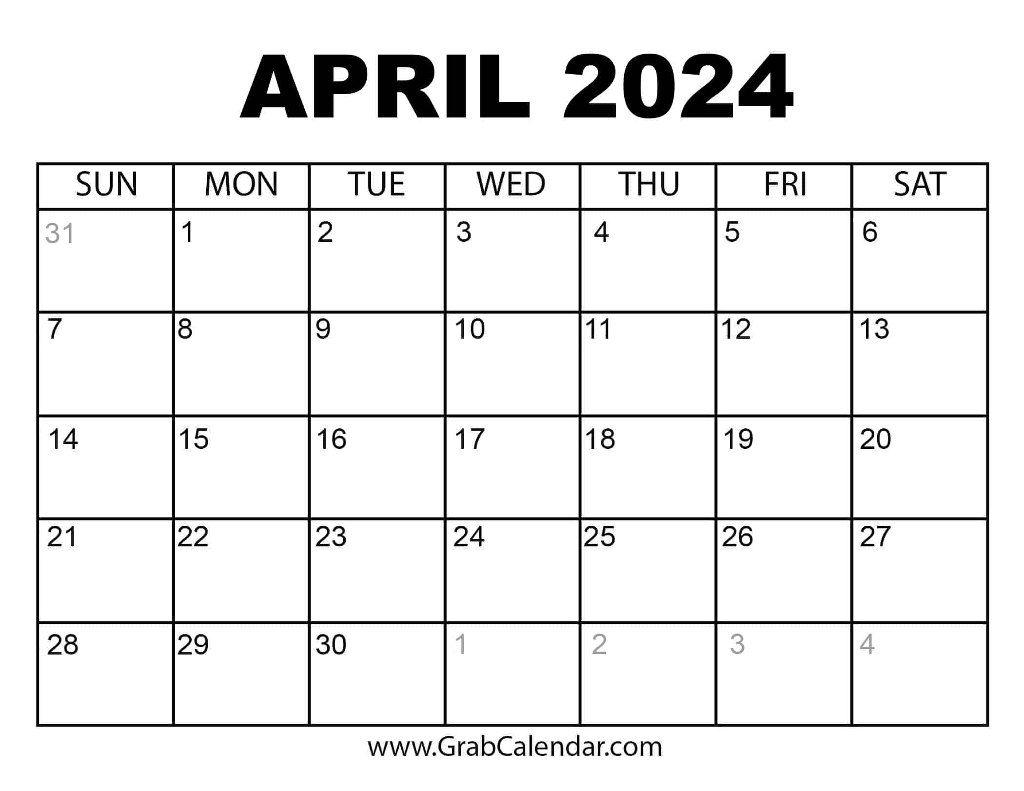 Printable April 2024 Calendar | Printable Calendar 2024 April