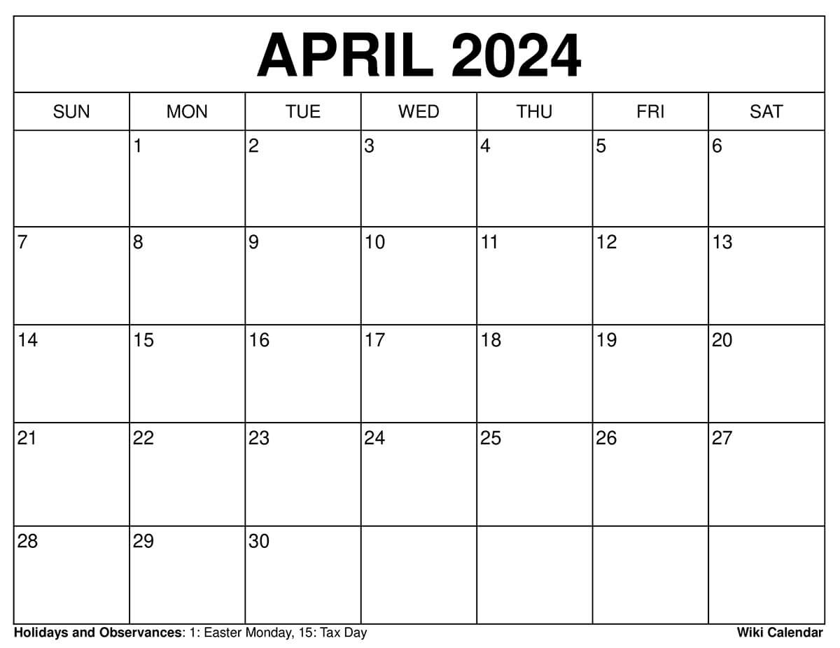 Printable April 2024 Calendar Templates With Holidays | Free Printable Calendar 2024 Wiki Calendar