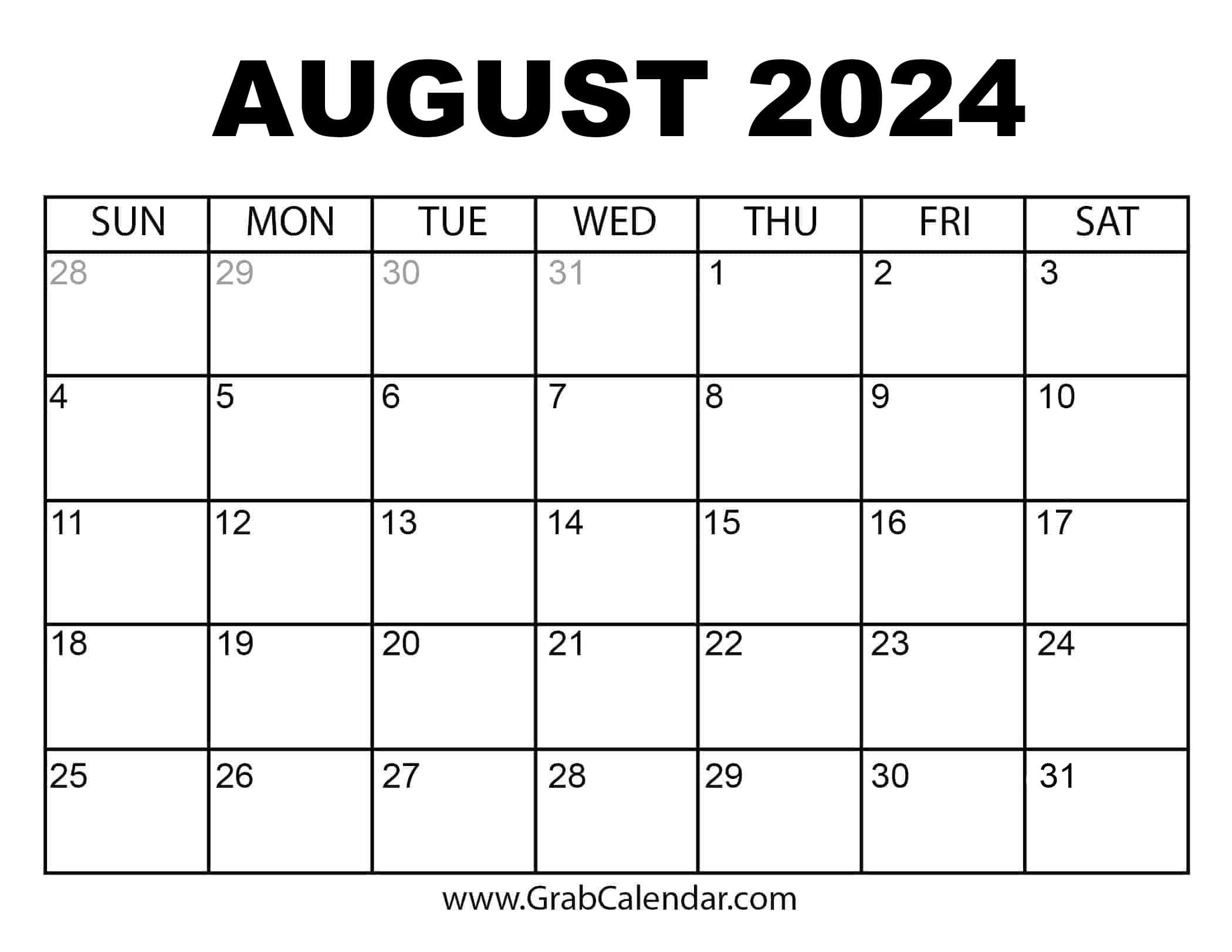 Printable August 2024 Calendar | Printable Calendar 2024 August