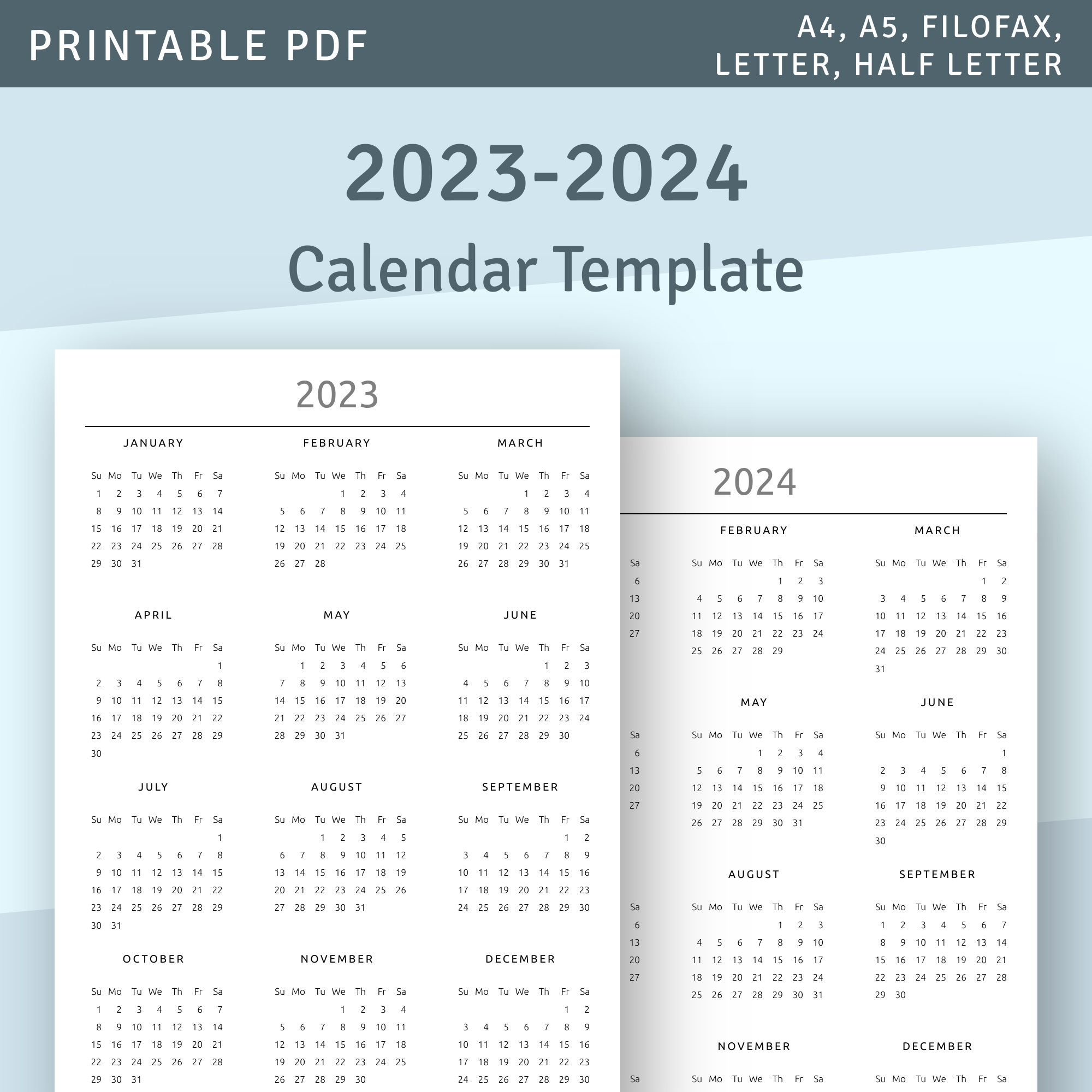 Printable Calendar 2023 2024 Year At A Glance Calendar - Etsy | 2023 Calendar 2024 Printable Australia