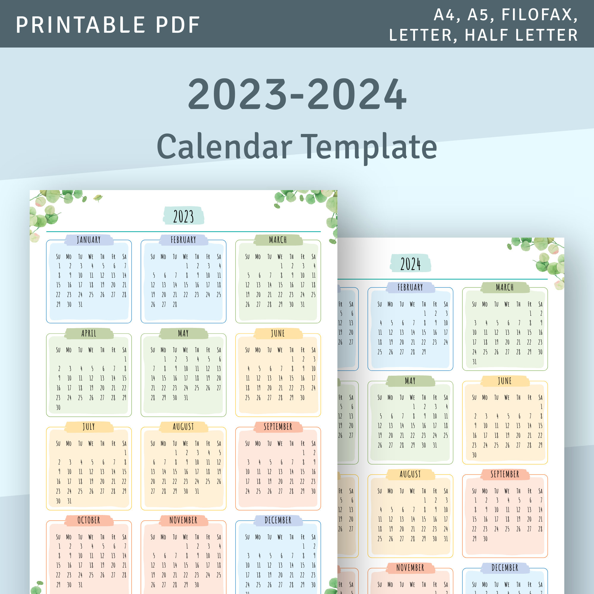 Printable Calendar 2023 2024 Year At A Glance Calendar - Etsy | 2023 Calendar 2024 Printable Nz