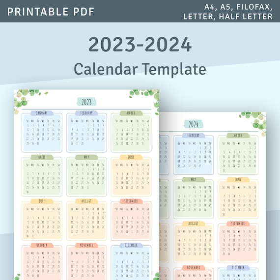 Printable Calendar 2023 2024 Year At A Glance Calendar - Etsy New | Calendar 2024 Printable NZ