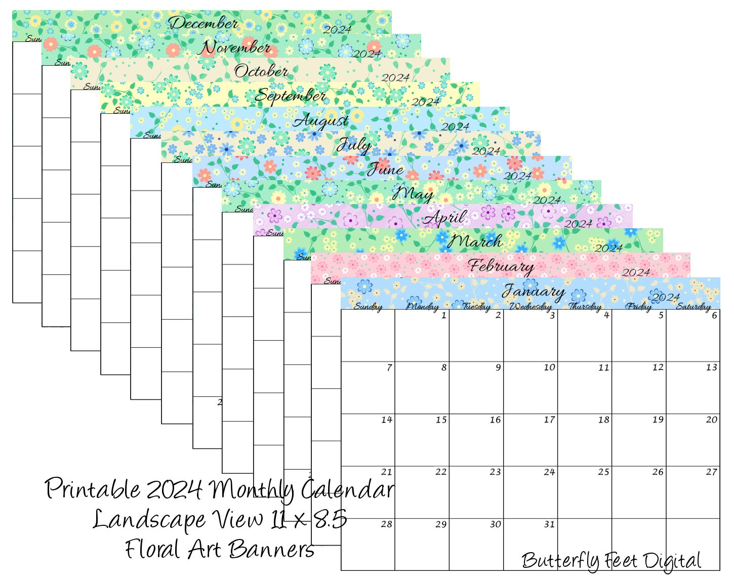 Printable Calendar 2024 Floral Landscape View Monthly Planner - Etsy | 2024 Calendar Printable Landscape