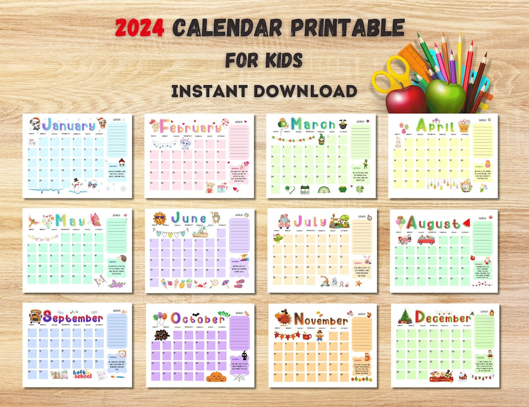 Printable Calendar 2024 Kids Calendar 2024 Homeschool - Etsy | School Calendar 2024 Mauritius Printable