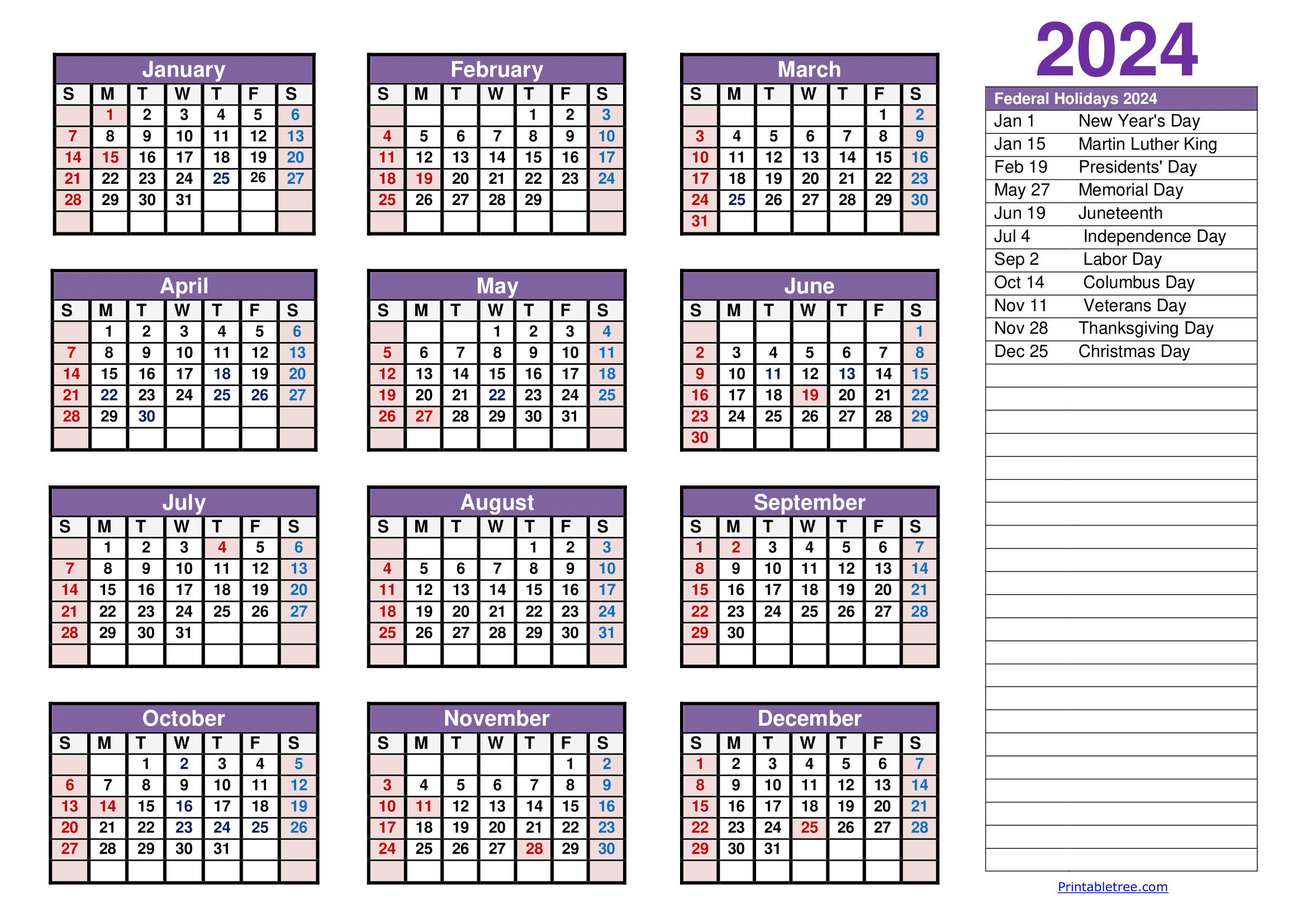 Printable Calendar 2024 One Page With Holidays (Single Page) 2024 | 1 Year Calendar 2024 Printable