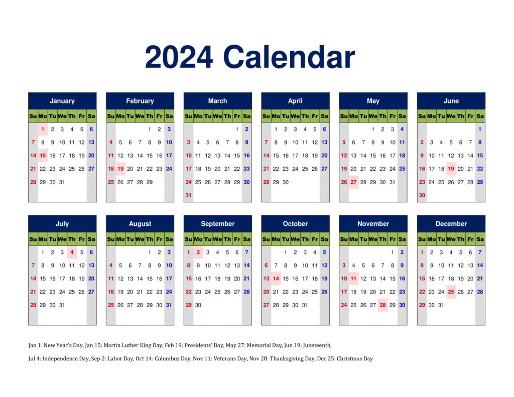 Printable Calendar 2024 One Page With Holidays (Single Page) 2024 | 2024 Printable Calendar One Page With Holidays PDF