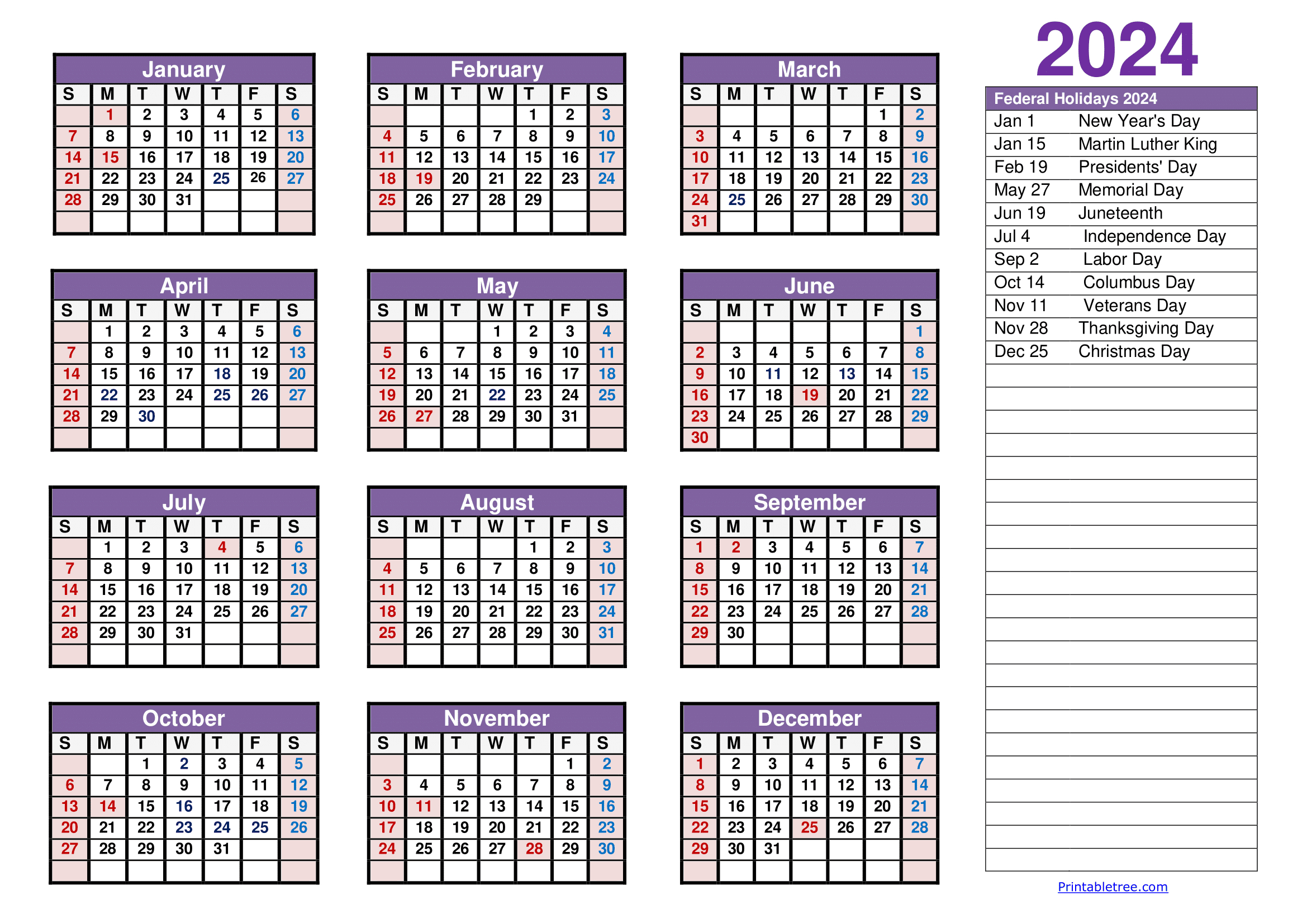 Printable Calendar 2024 One Page With Holidays (Single Page) 2024 | 2024 Printable Yearly Calendar