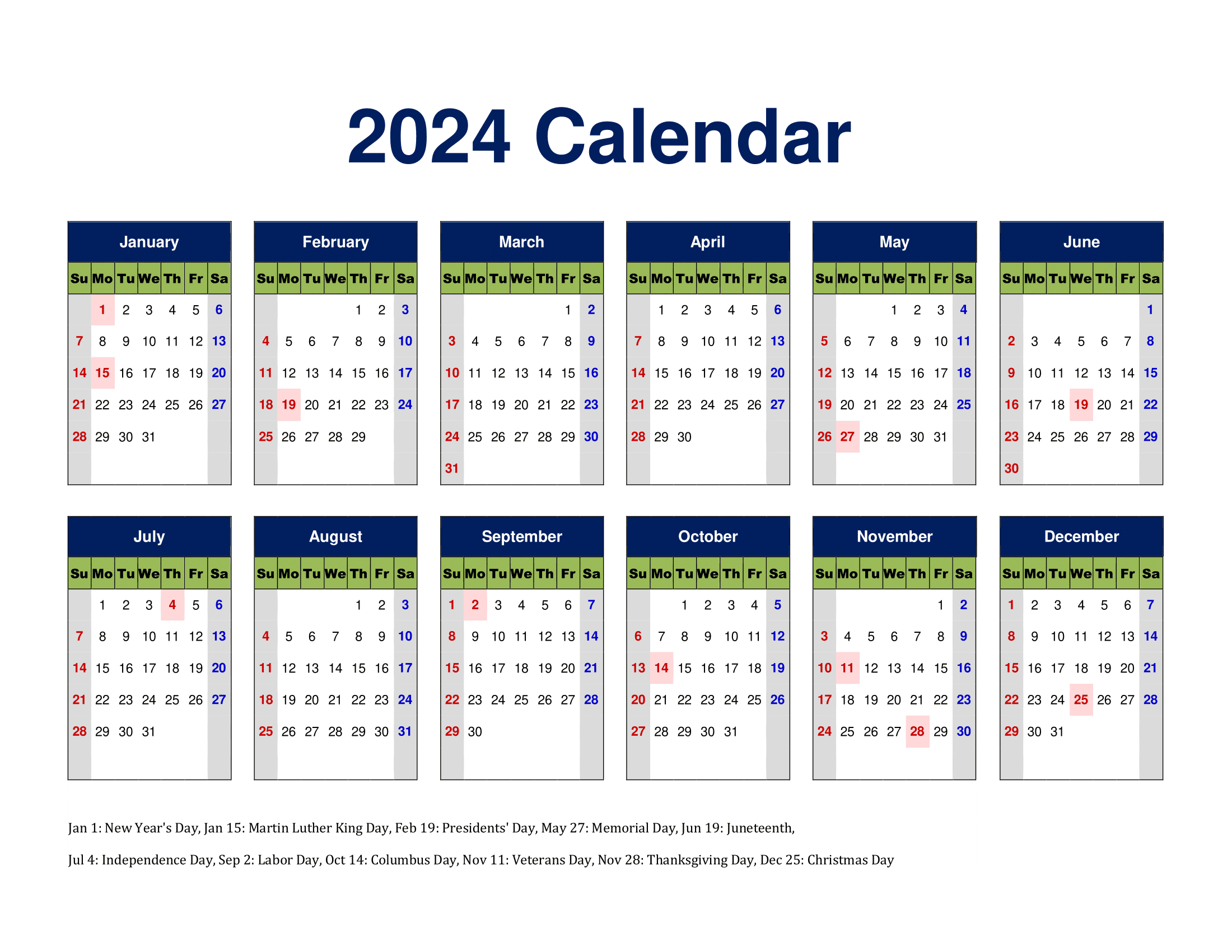 Printable Calendar 2024 One Page With Holidays (Single Page) 2024 | 2024 Yearly Calendar Printable One Page Word
