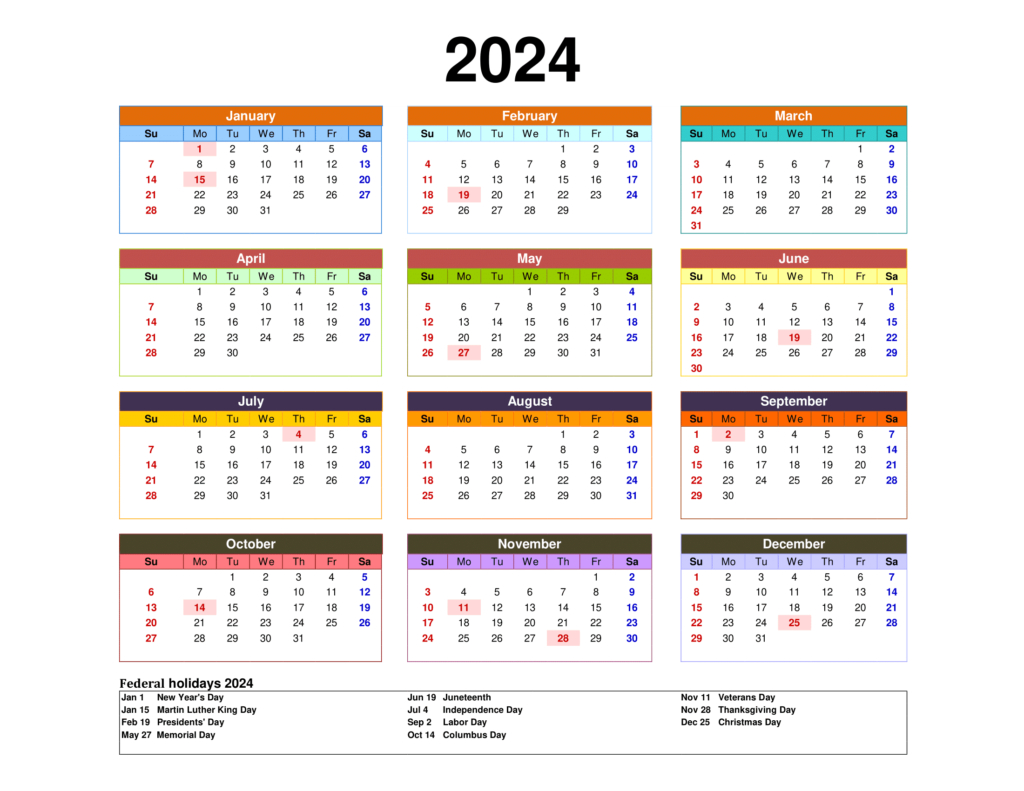 Printable Calendar 2024 One Page With Holidays (Single Page) 2024 | Free 2024 Yearly Calendar Printable One Page