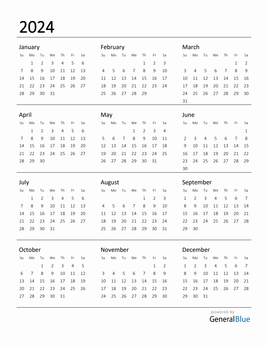 Printable Calendar For 2024 | 2024 Printable Yearly Calendar