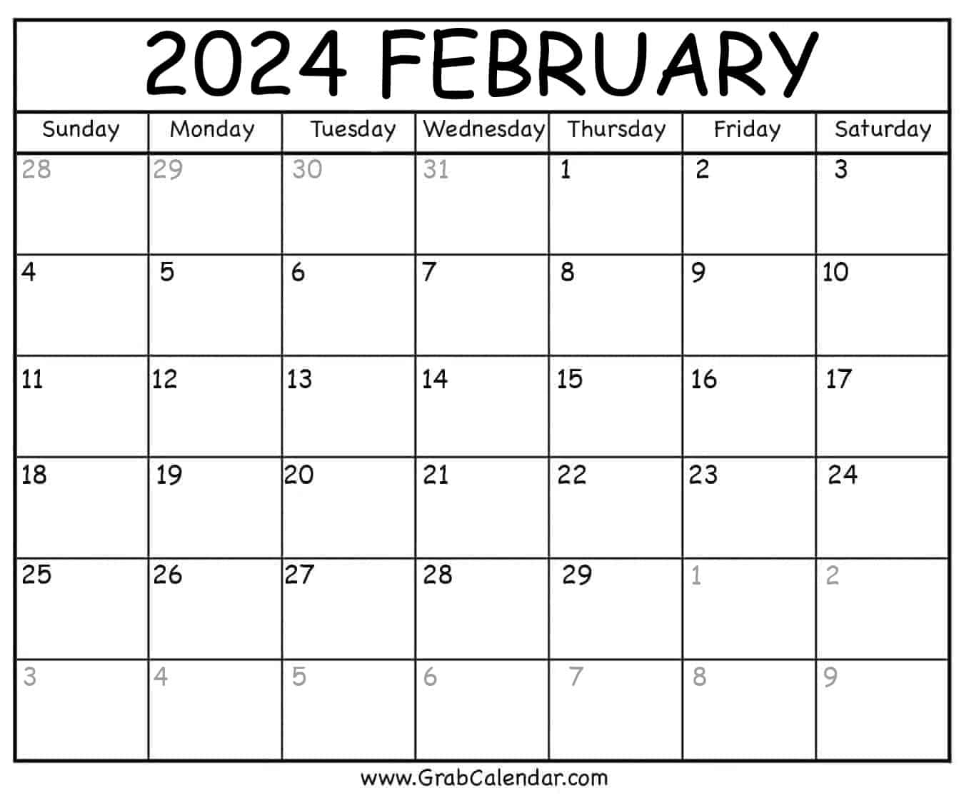 Printable February 2024 Calendar | Printable Calendar 2024 Feb
