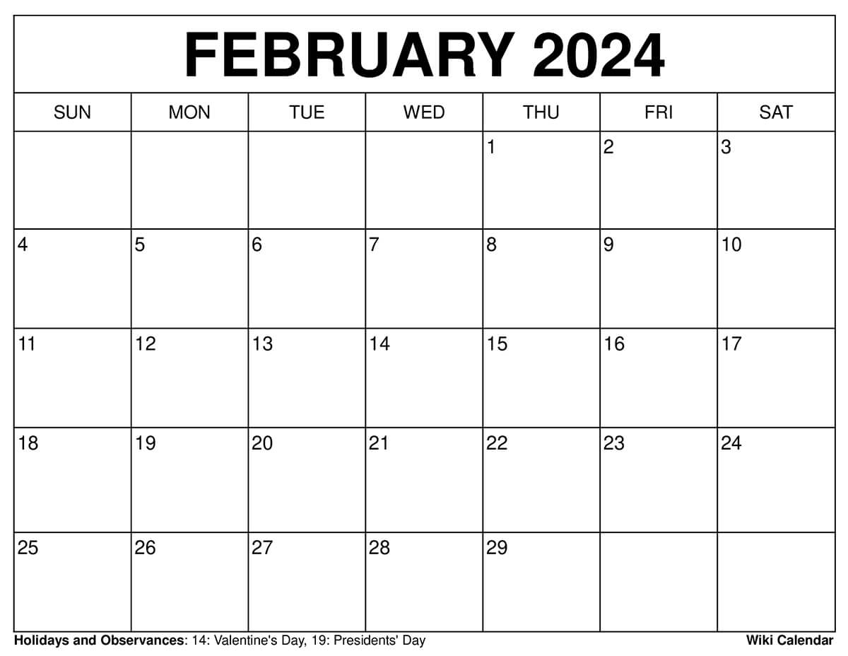 Printable February 2024 Calendar Templates With Holidays | Free Printable Calendar 2024 Wiki Calendar