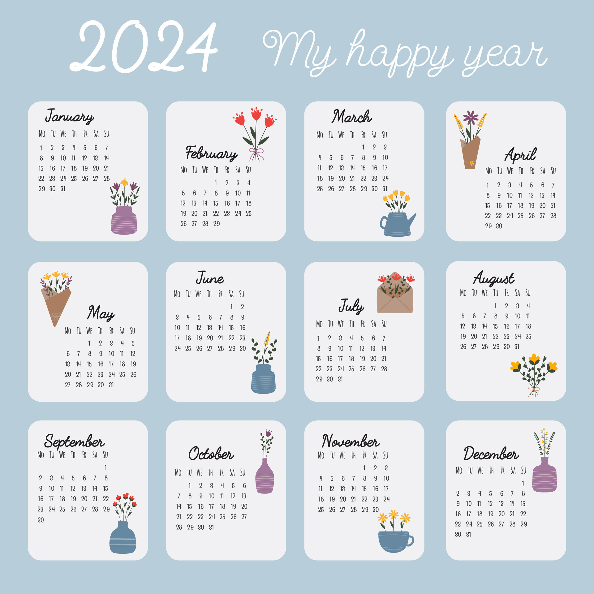 Printable Hand Drawn Calendar 2024. Calendar Grid, Monday First | Printable 2024 Calendar 12 Months