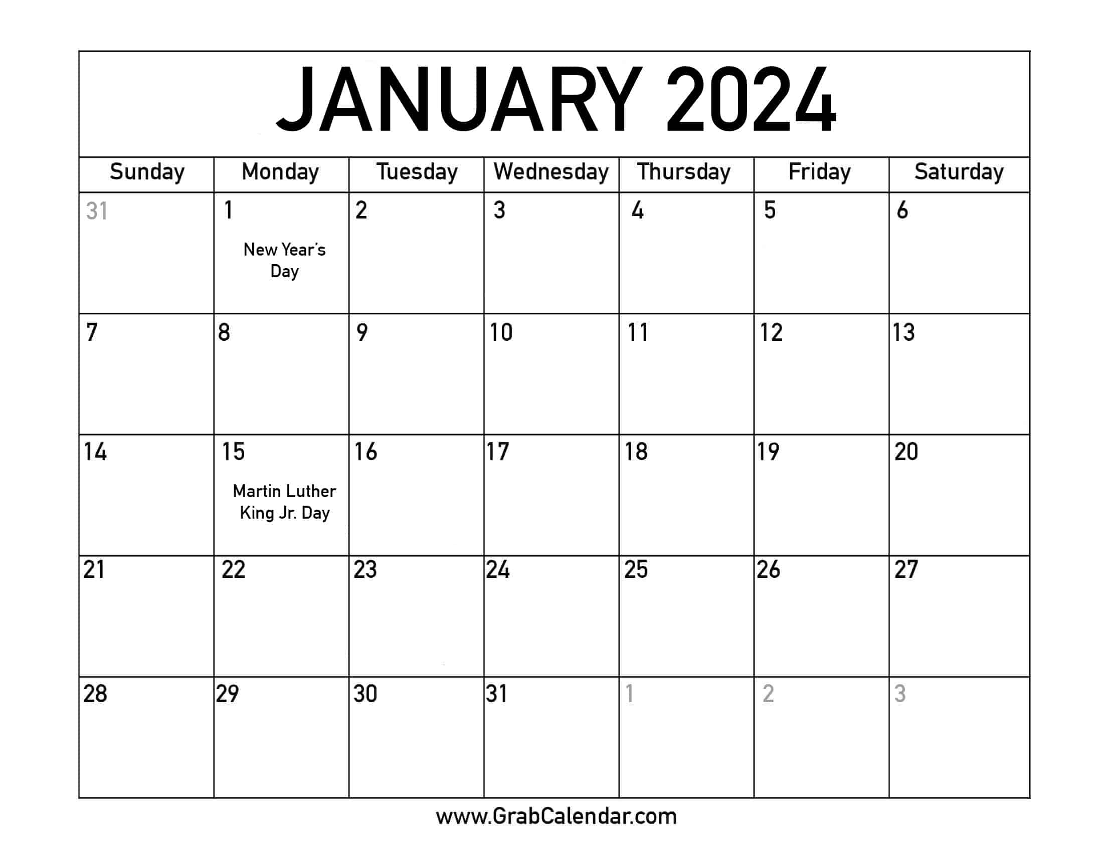 Printable January 2024 Calendar | 2024 Calendar With Holidays Printable Free