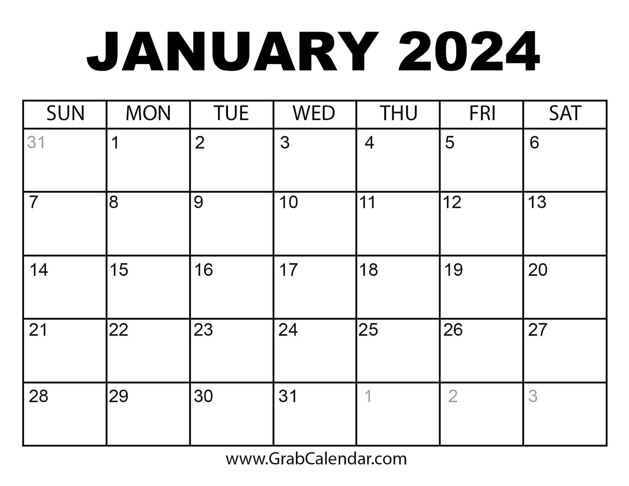 Printable January 2024 Calendar | Calendar 2024 January Printable Free