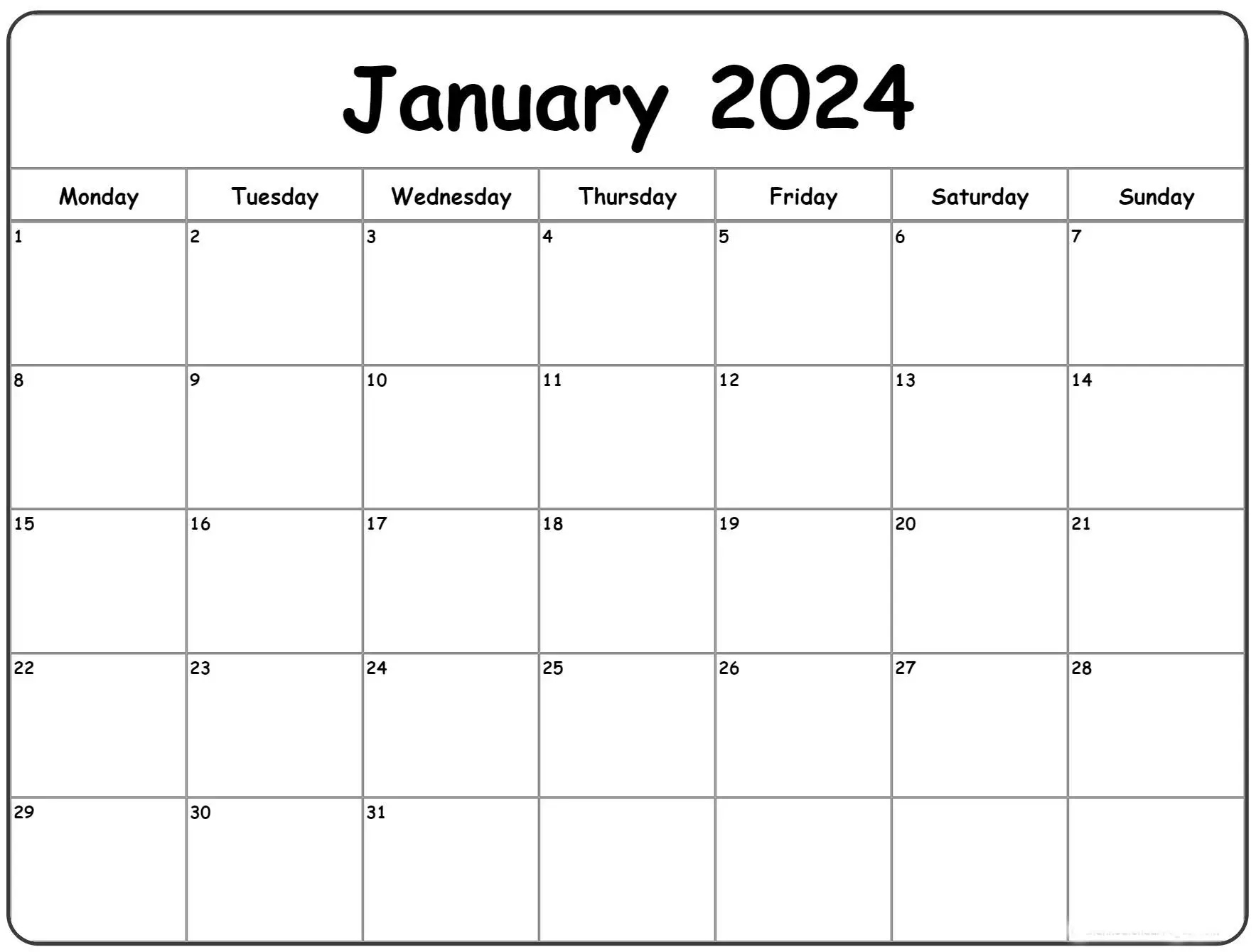 Printable January 2024 Calendar: Plan Your Month Efficiently | Blank Calendar 2024 Printable
