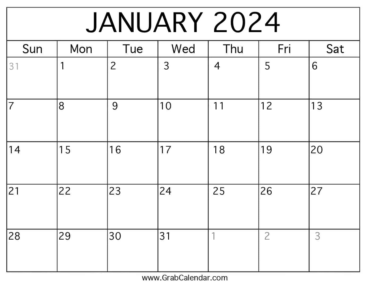 Printable January 2024 Calendar | Printable Calendar 2024 Jan
