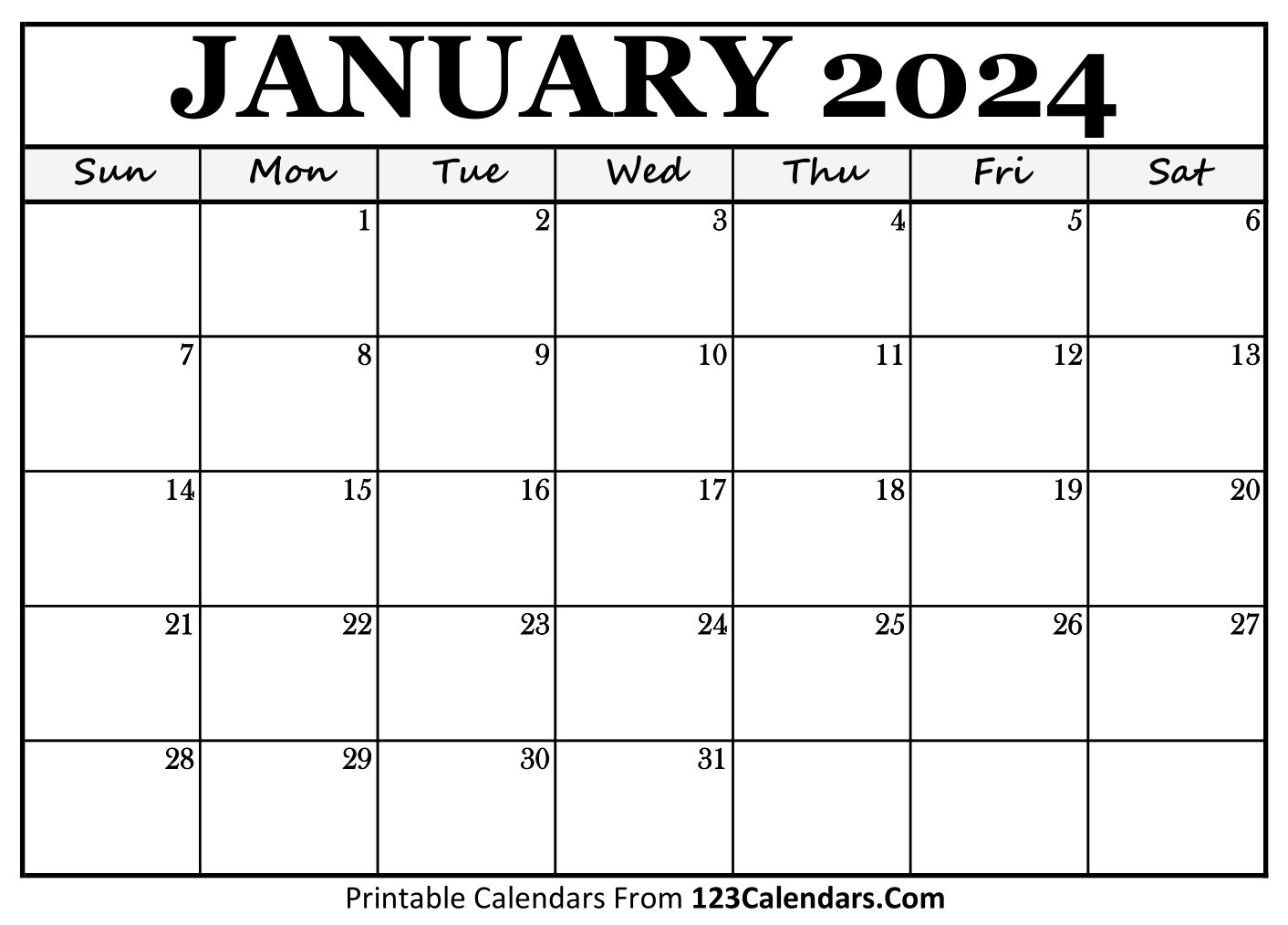 Printable January 2024 Calendar Templates - 123Calendars | Calendar 2024 January Printable Free