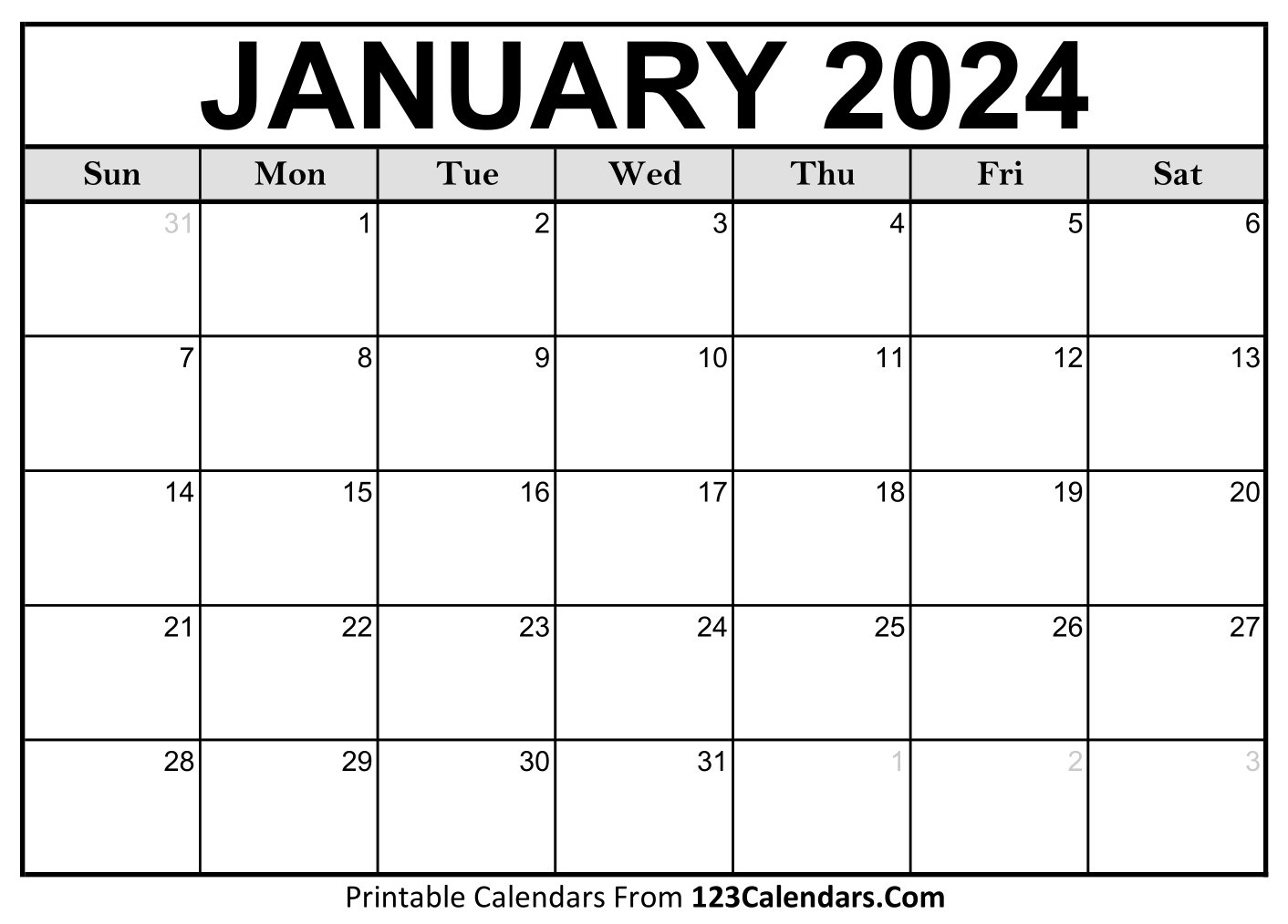 Printable January 2024 Calendar Templates - 123Calendars | January 2024 Calendar Blank Printable