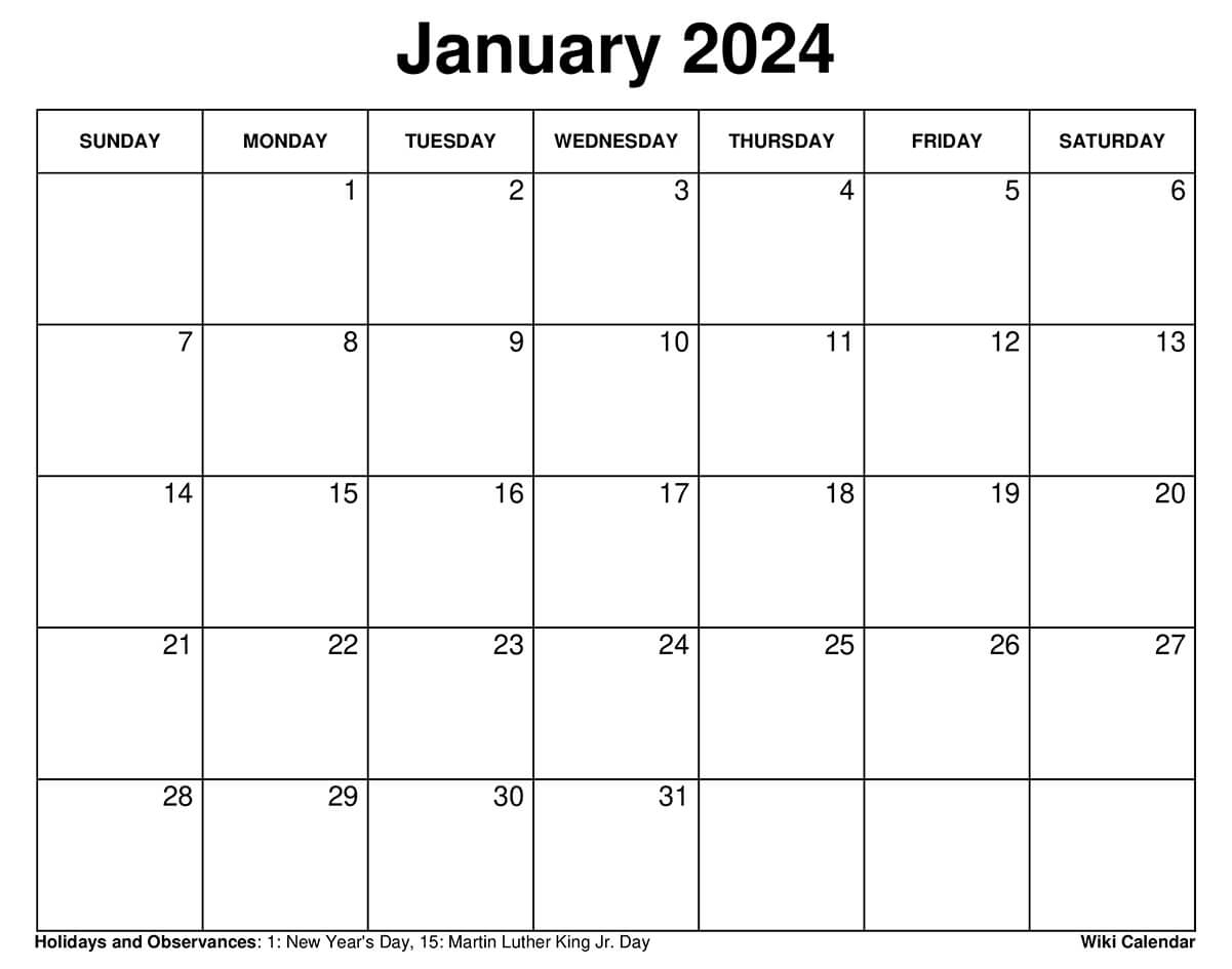 Printable January 2024 Calendar Templates With Holidays | Free Printable Calendar 2024 Wiki Calendar