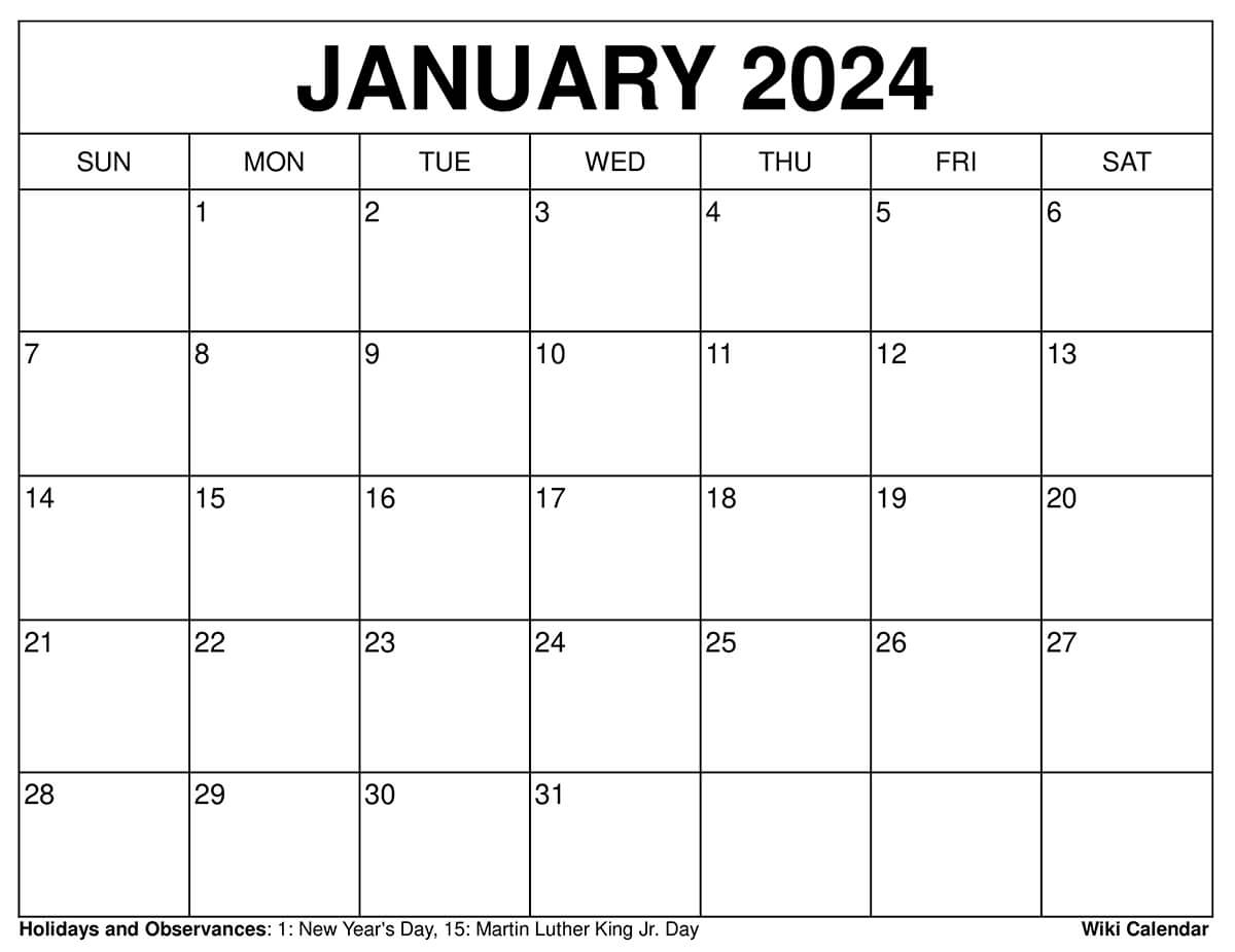 Printable January 2024 Calendar Templates With Holidays | Free Printable Calendar 2024 Wiki Calendar