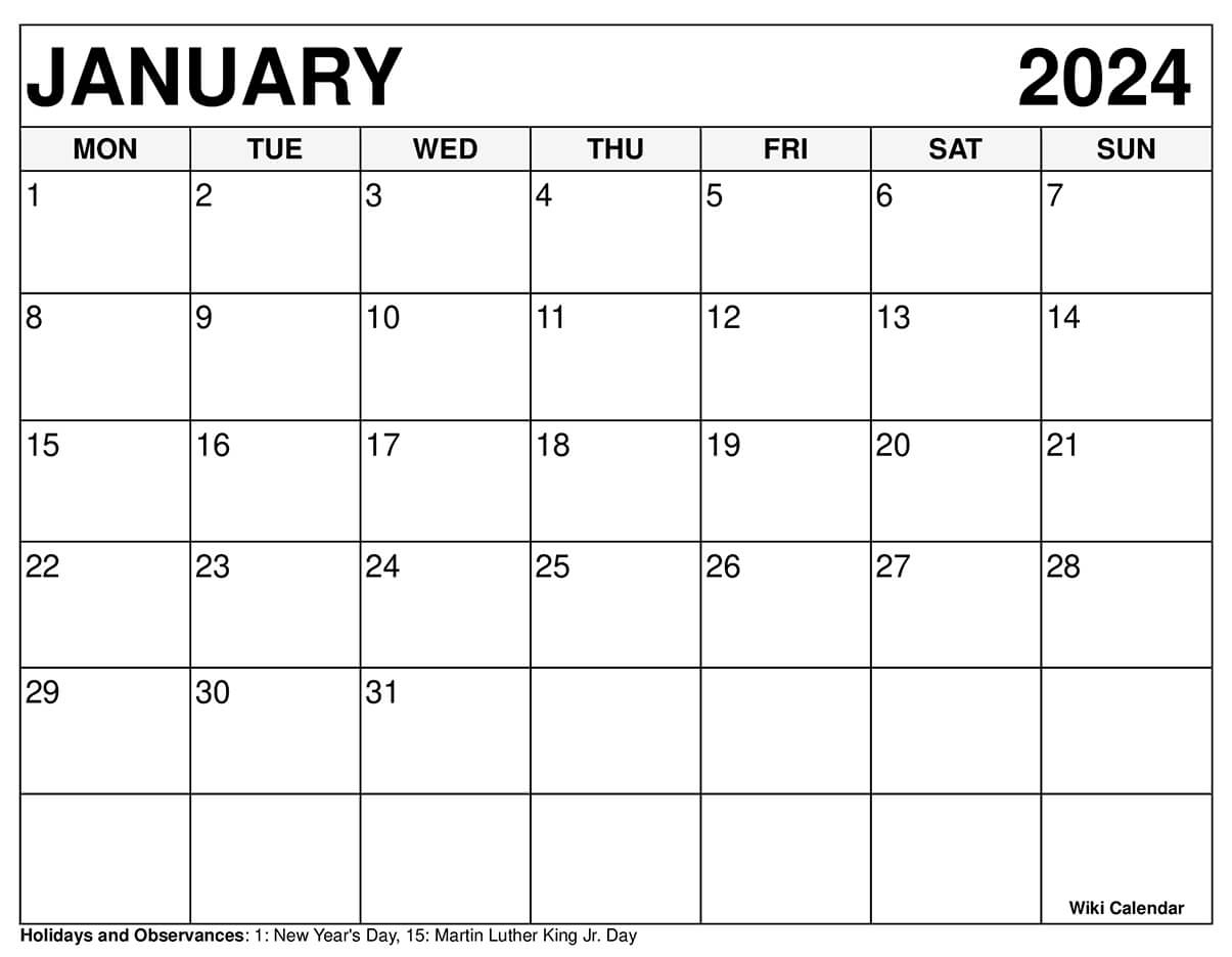 Printable January 2024 Calendar Templates With Holidays | January 2024 Calendar Printable Monday Start